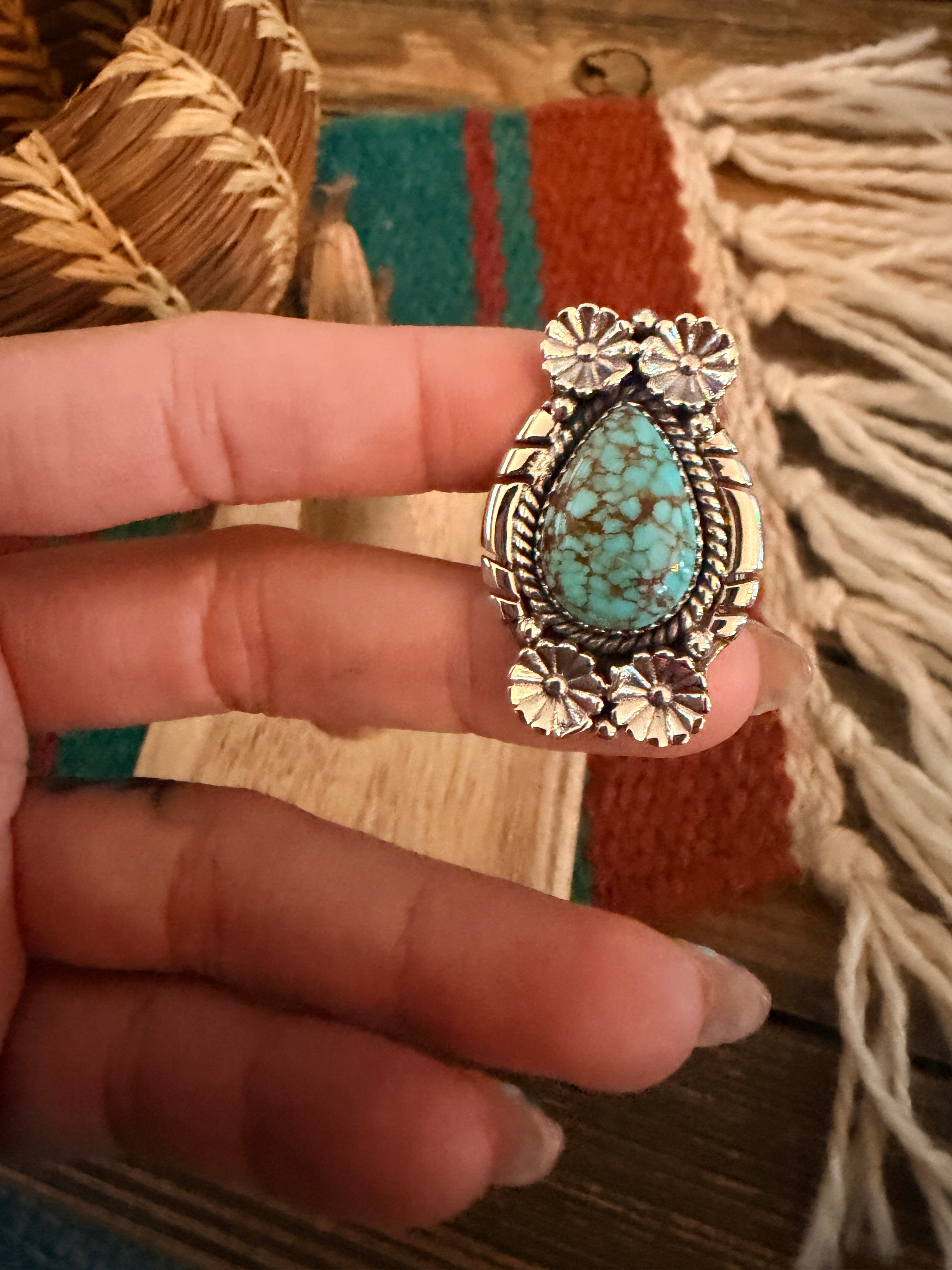 Handmade Sterling Silver Number 8 Turquoise Adjustable Ring Signed Nizhoni