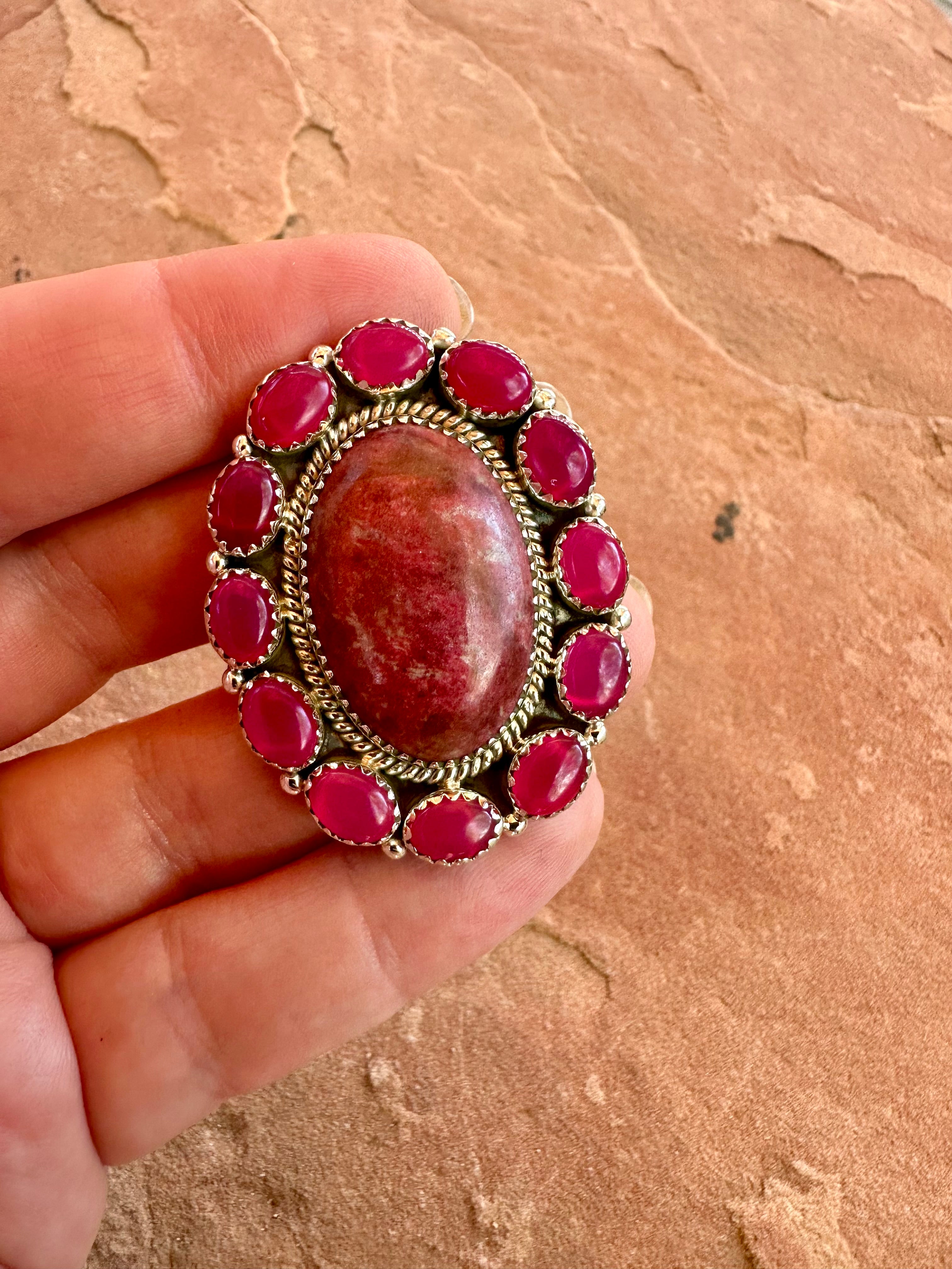 Handmade Thulite, Pink Onyx & Sterling Silver Adjustable Ring