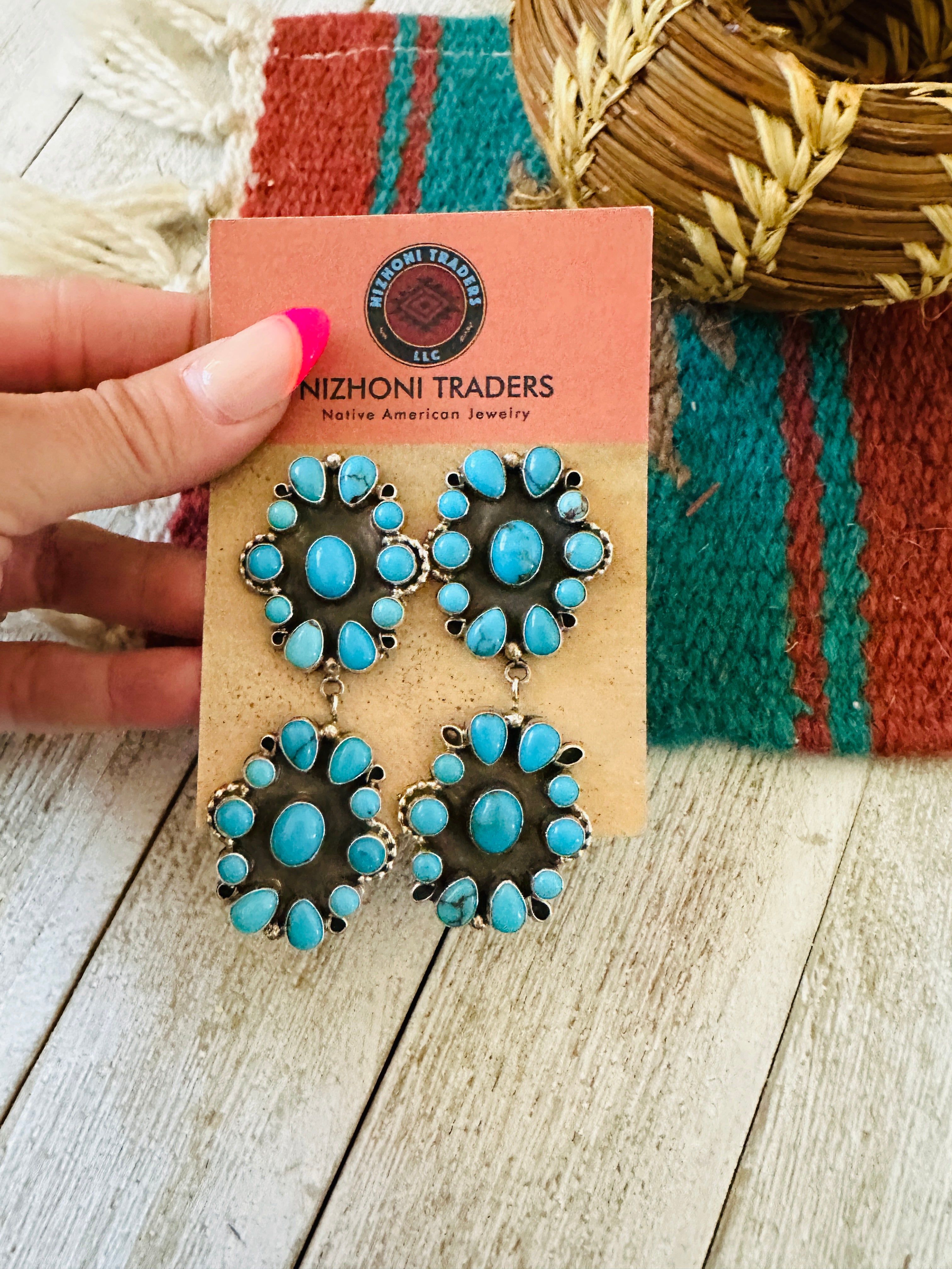 Handcrafted Sterling Silver & Sleeping Beauty Turquoise Cluster Dangle Earrings by Eula Wylie