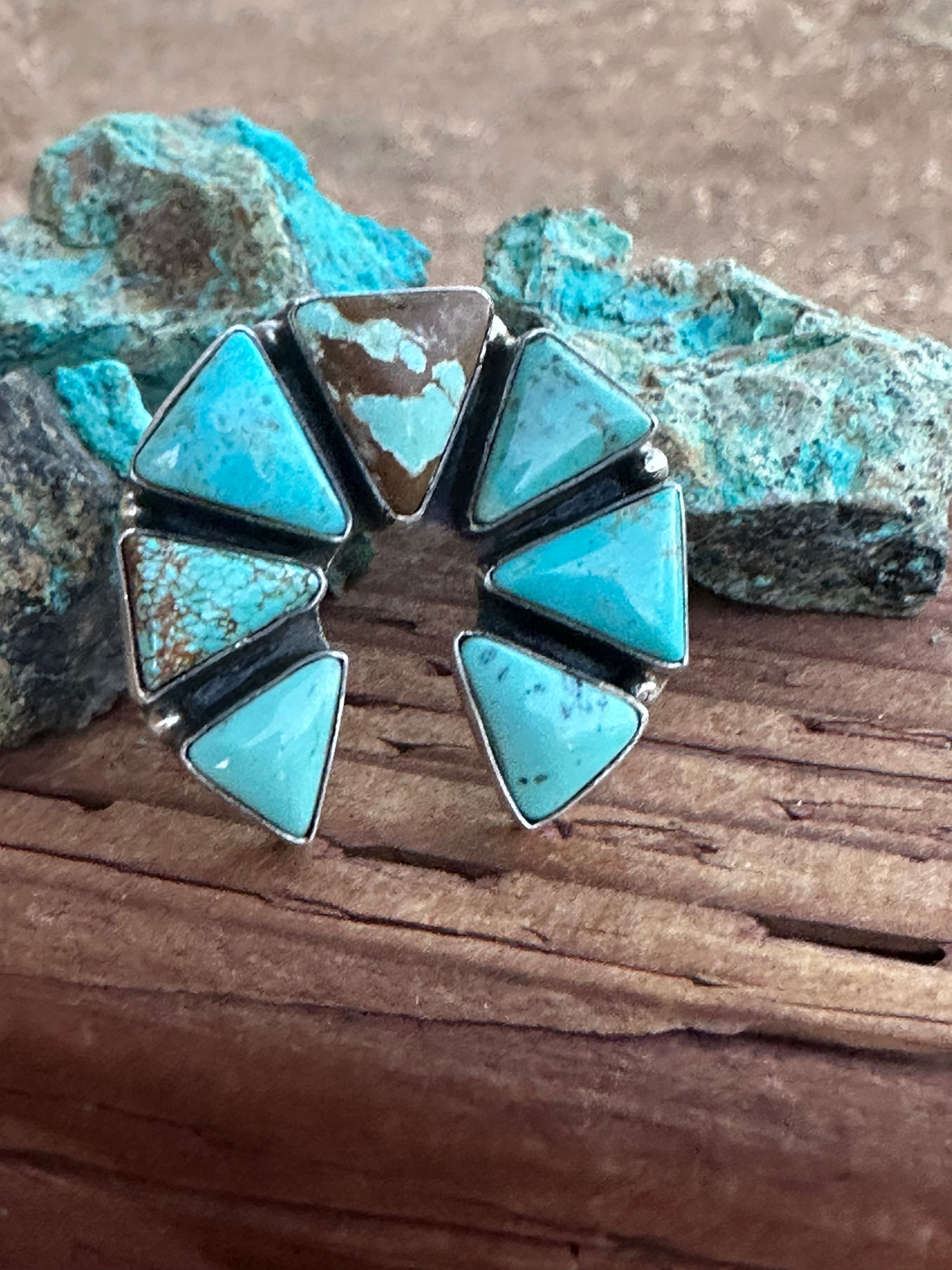 Navajo Kingman Turquoise & Sterling Silver Naja Adjustable Ring signed Elouise Kee