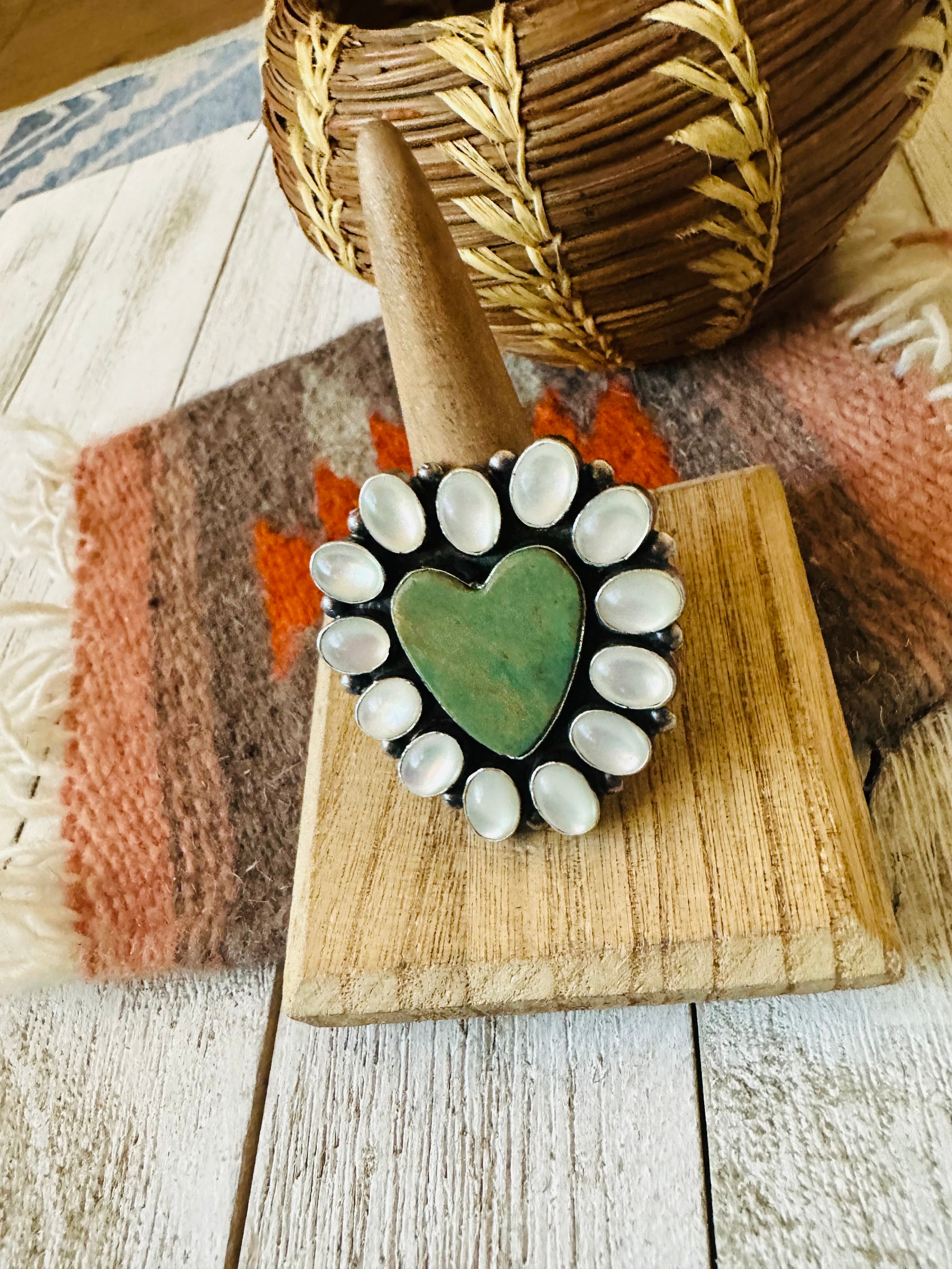 Navajo Sterling Silver , Mother of Pearl & Turquoise Heart Ring Size 10