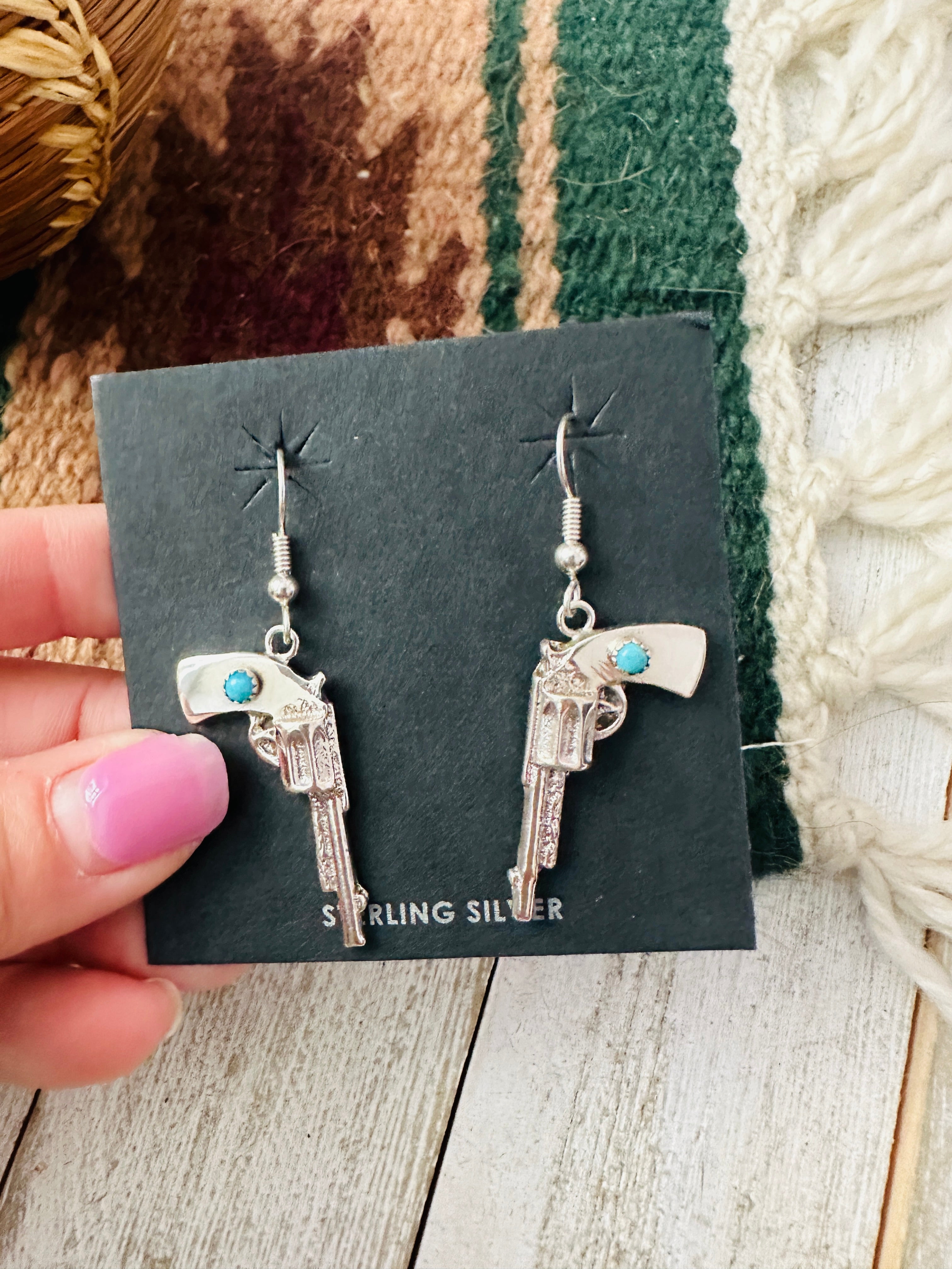 Navajo Turquoise And Sterling Silver Pistol Dangle Earrings