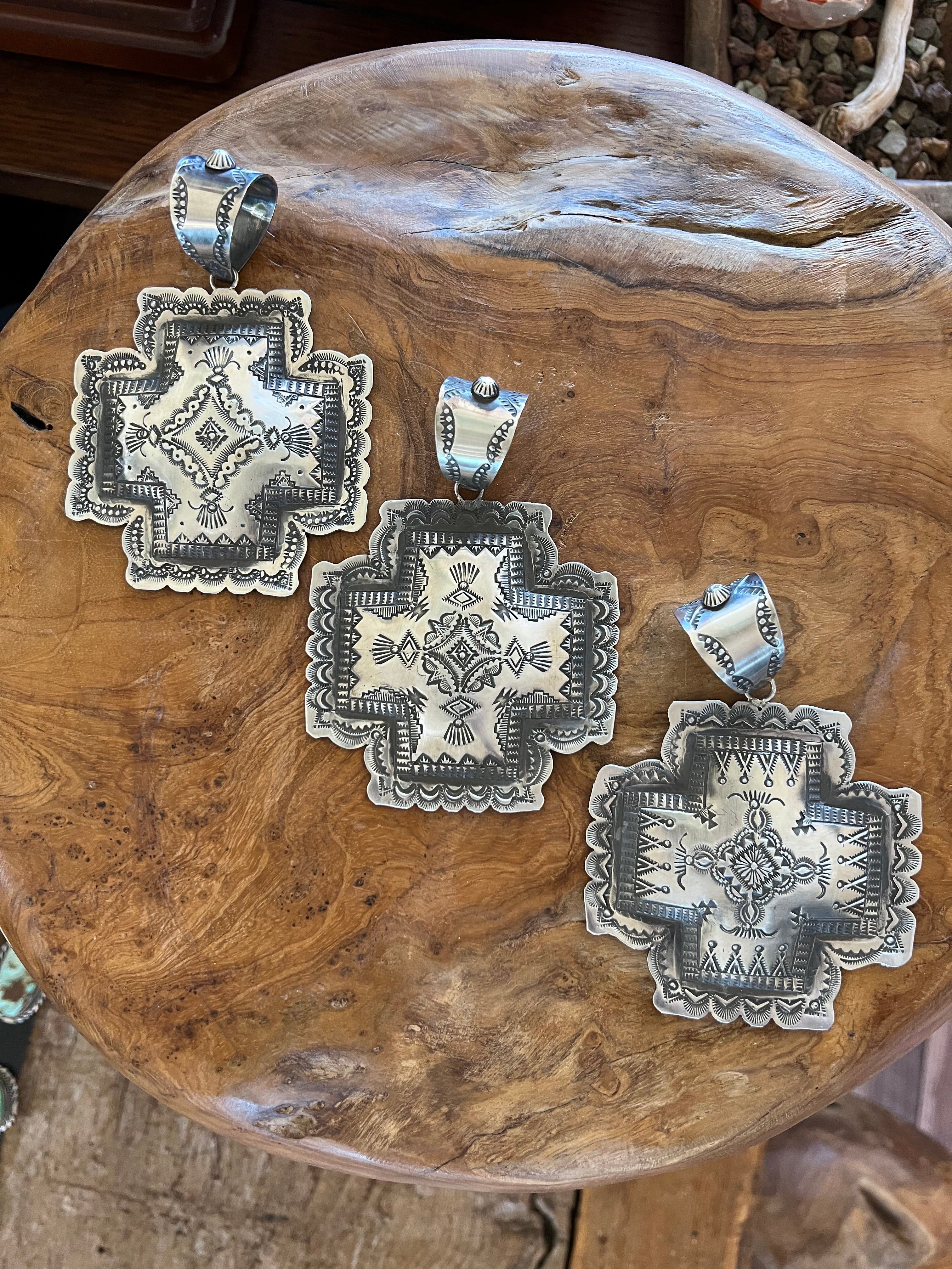 Handcrafted Hand Stamped Sterling Silver Santa Fe Cross Pendant by Victor Platero