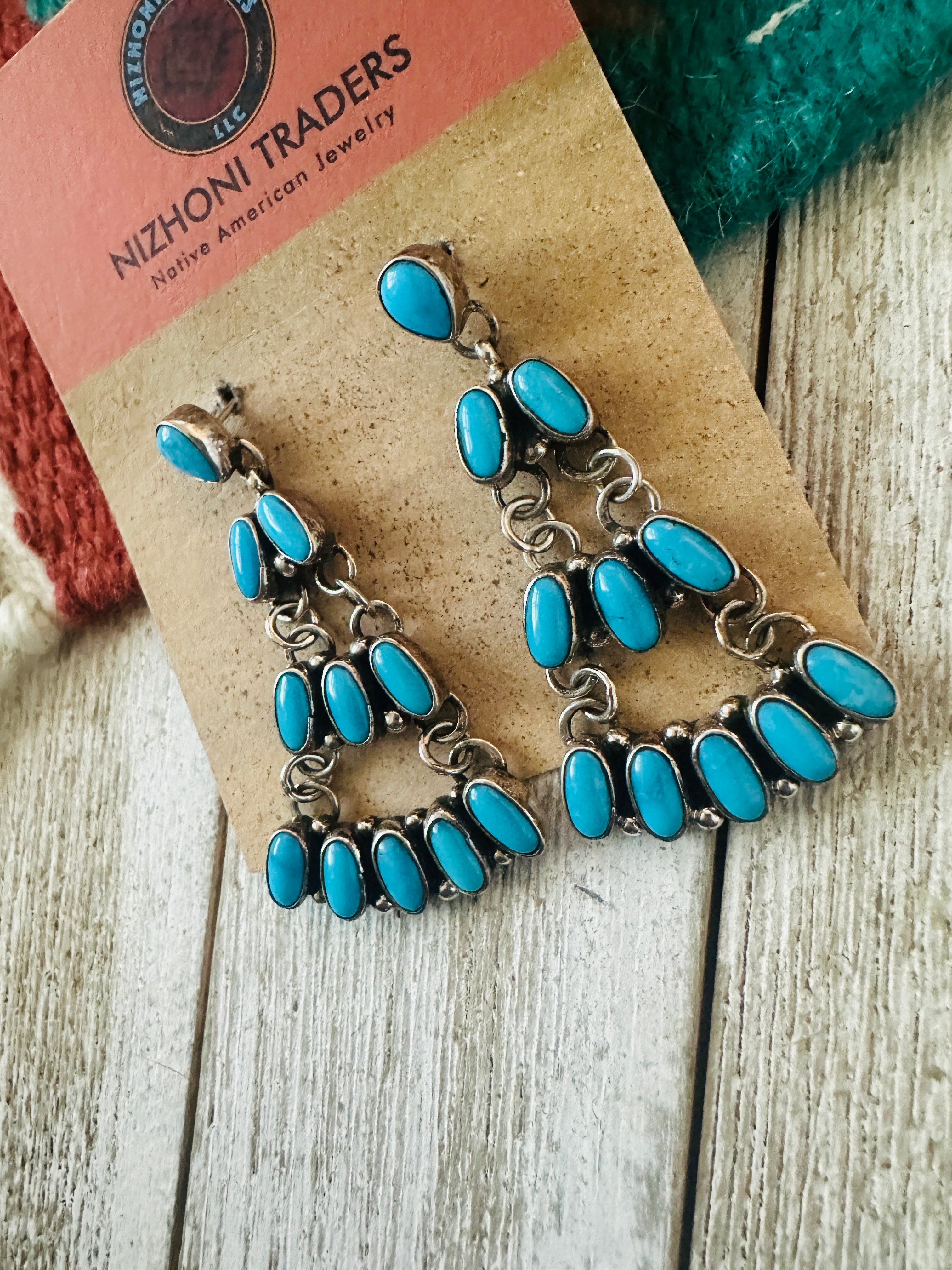 Handcrafted Turquoise & Sterling Silver Chandelier Dangle Earrings