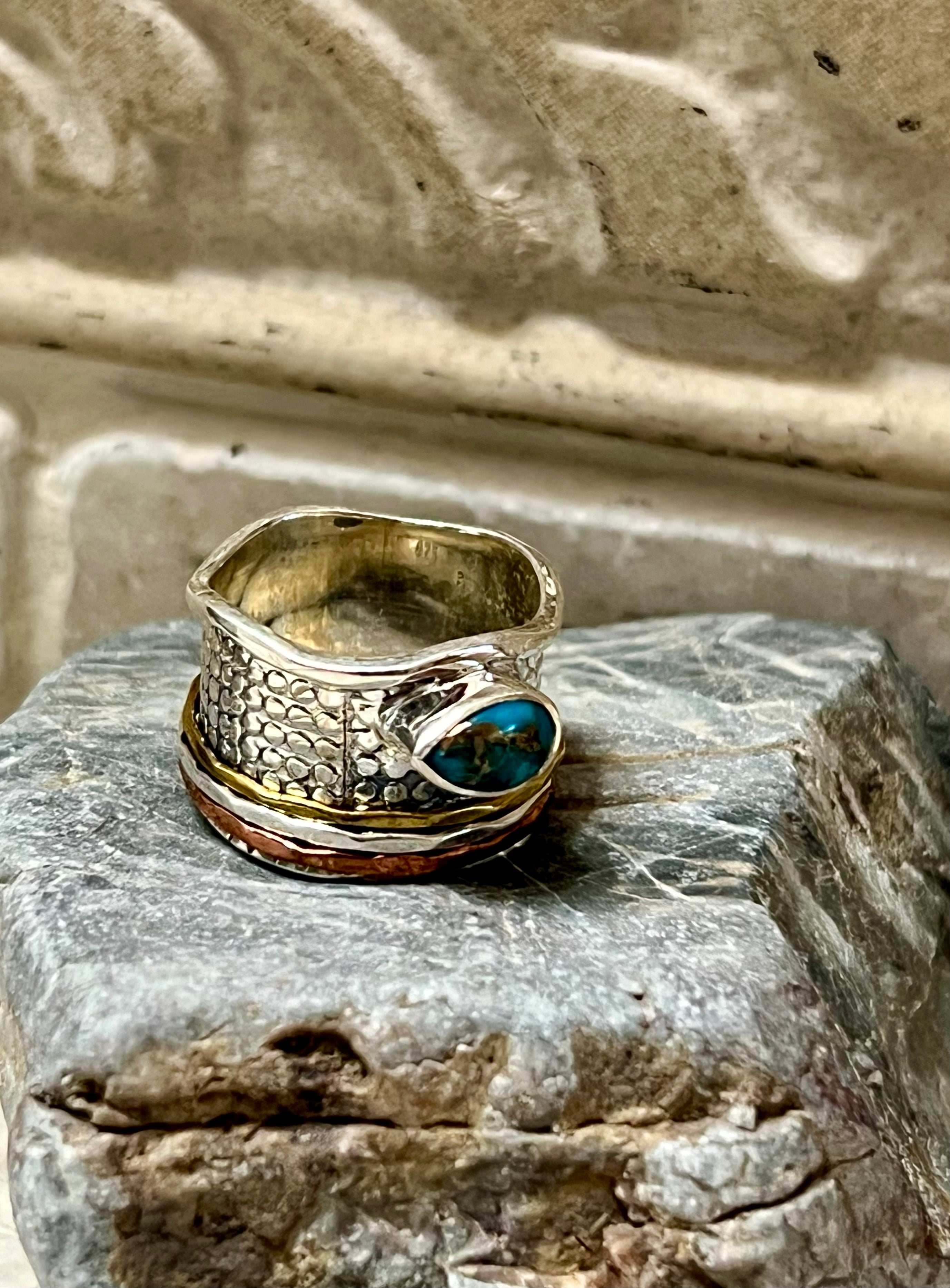 Copper Turquoise Sterling Silver, Gold, Copper Spinner Ring Size 7 “Smooth”