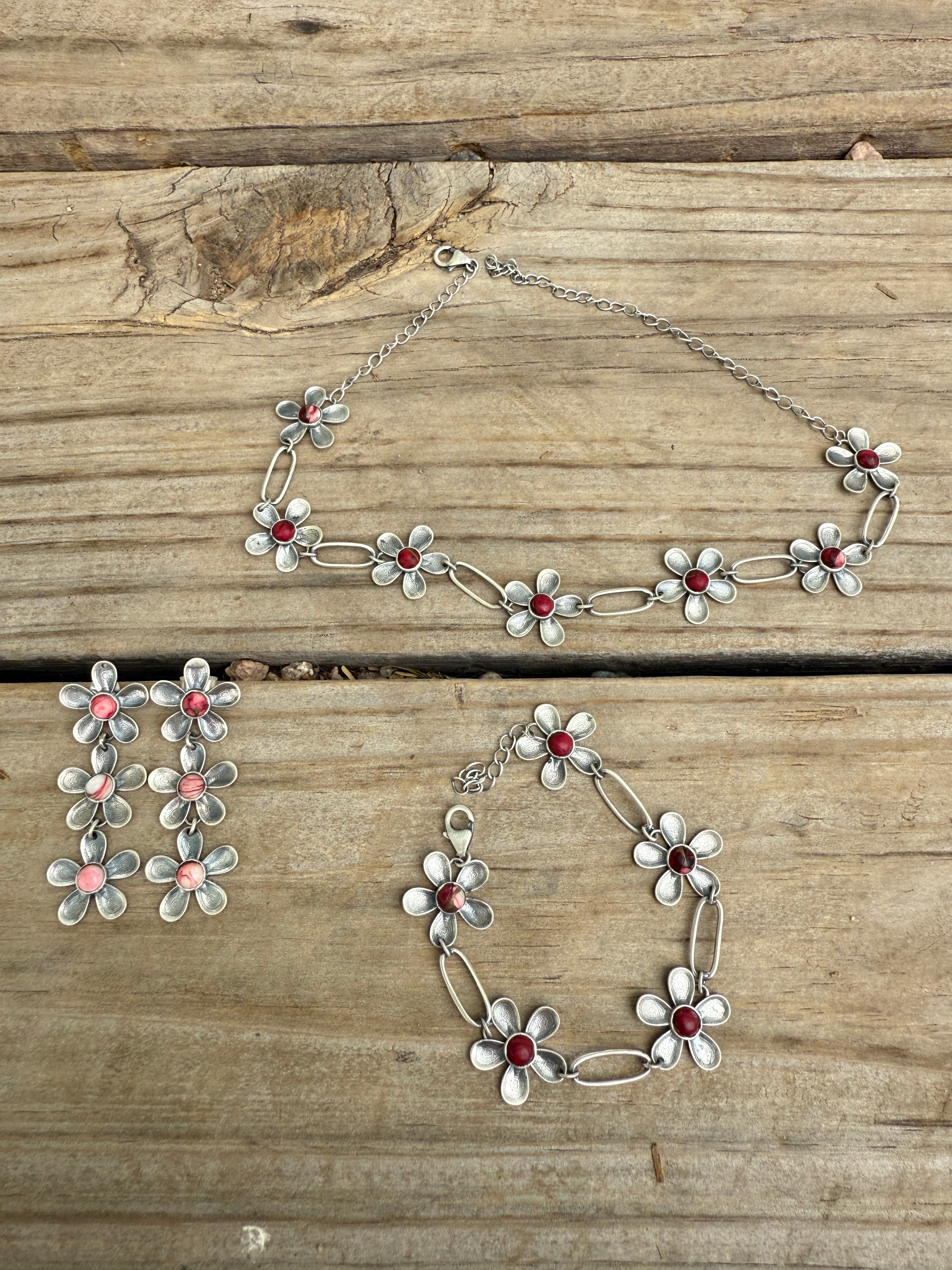 Handmade Sterling Silver Daisy Necklace Earrings & Bracelet Set Signed Nizhoni