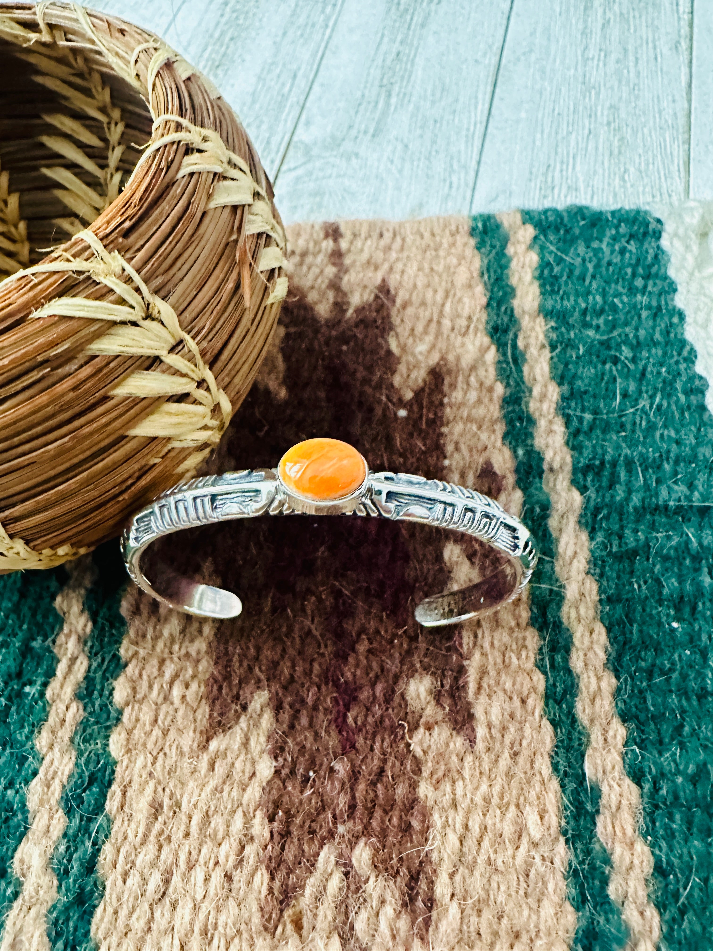 Navajo Sterling Silver & Orange Spiny Cuff Bracelet