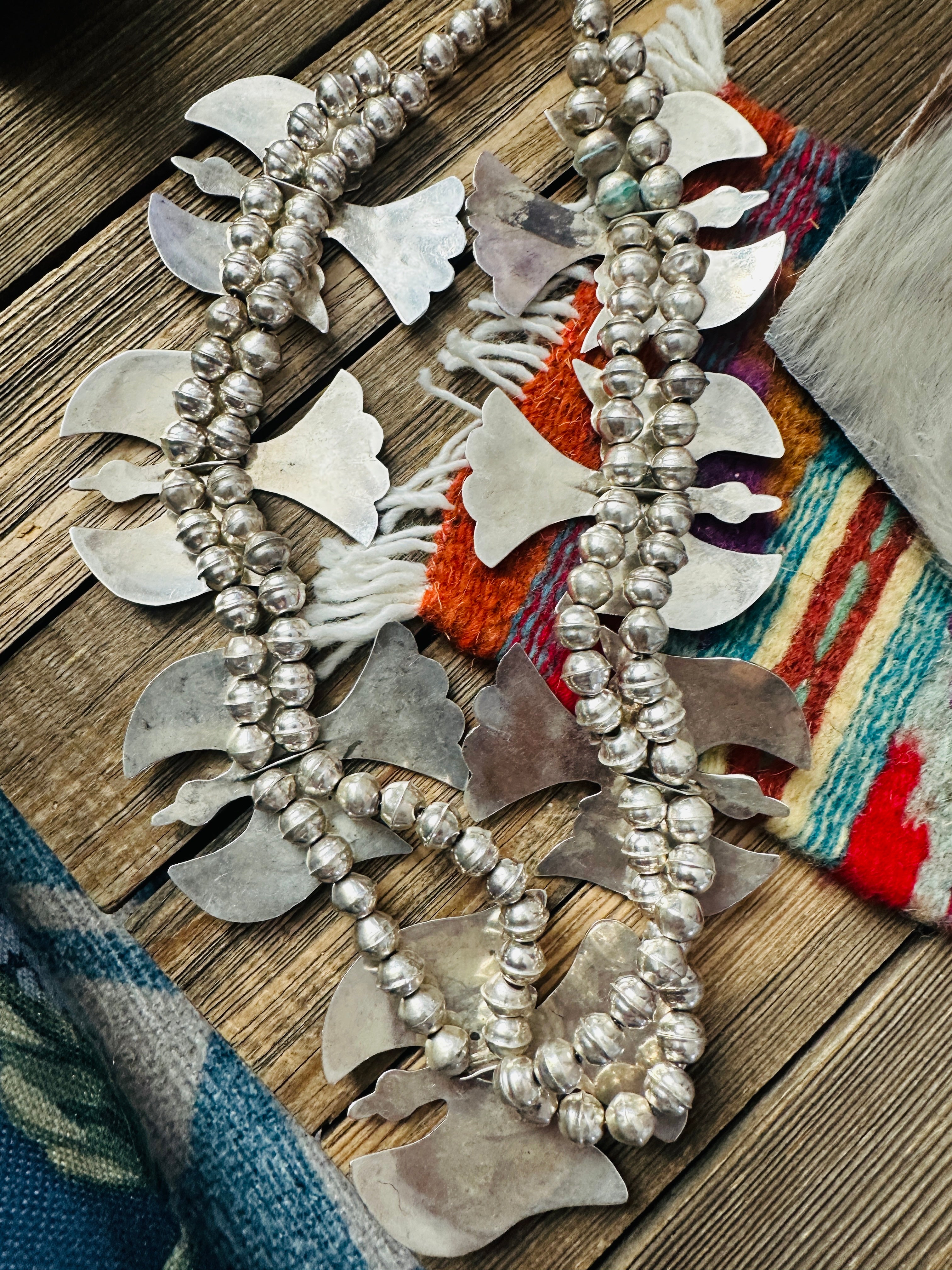 Old Pawn Handcrafted Turquoise, Coral & Sterling Silver Beaded Waterbird Necklace