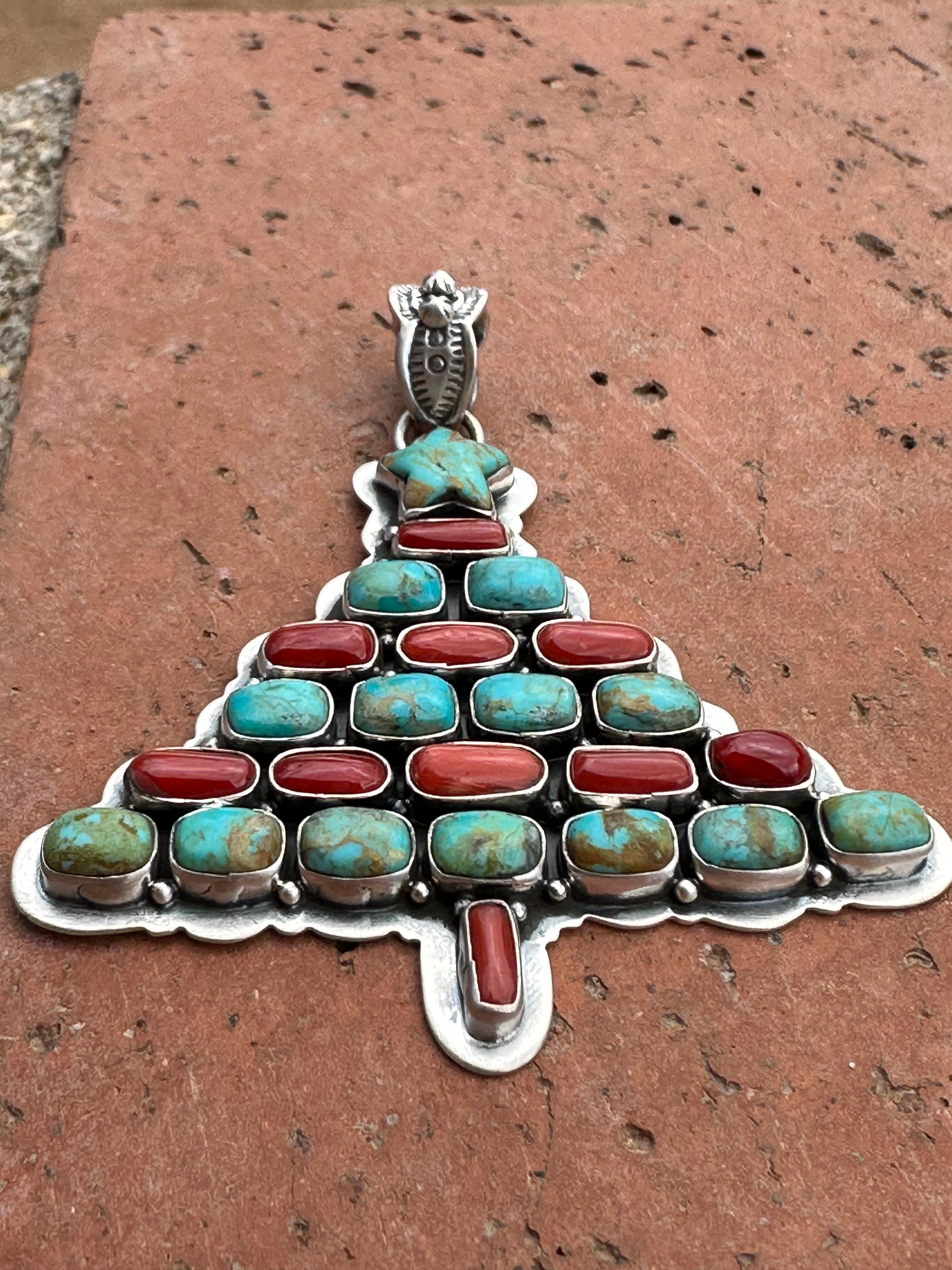 Handmade Sterling Silver, Coral & Turquoise Christmas Tree Pendant