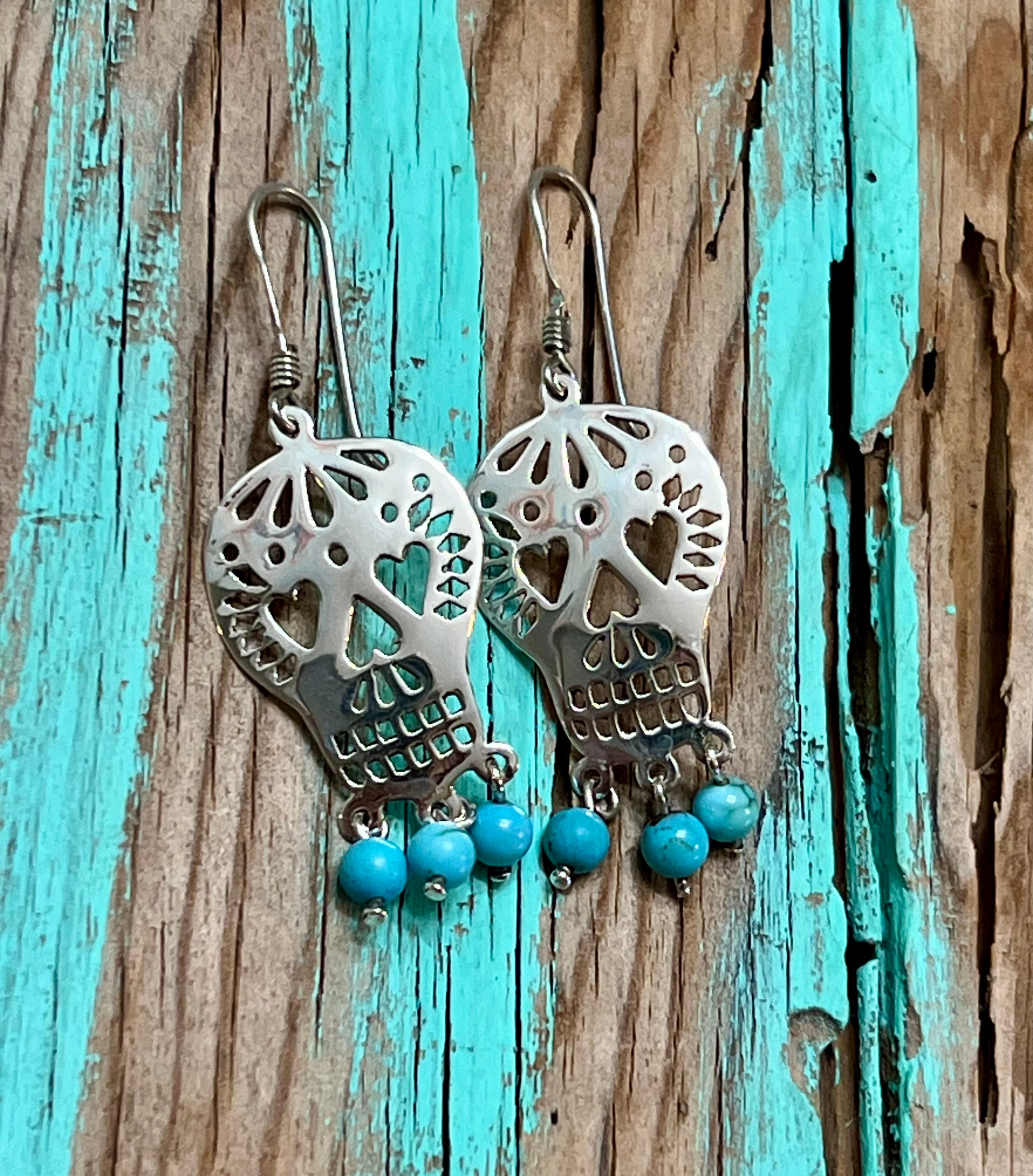 Sugar Skull with 3 Turquoise Beads Sterling Silver Earrings