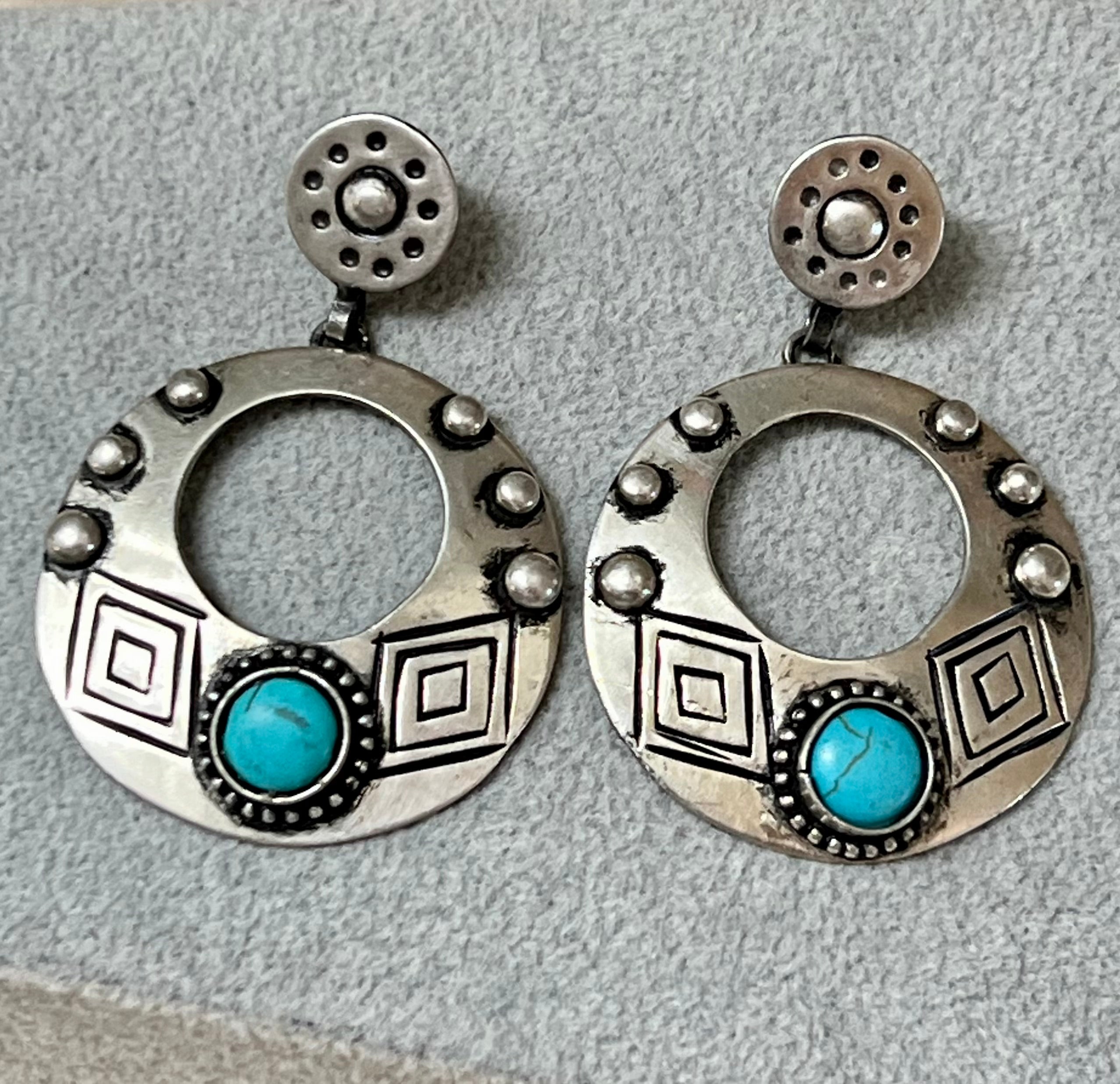 Circle-Shaped, Silver-Plated Engraved Earrings with Blue Accent