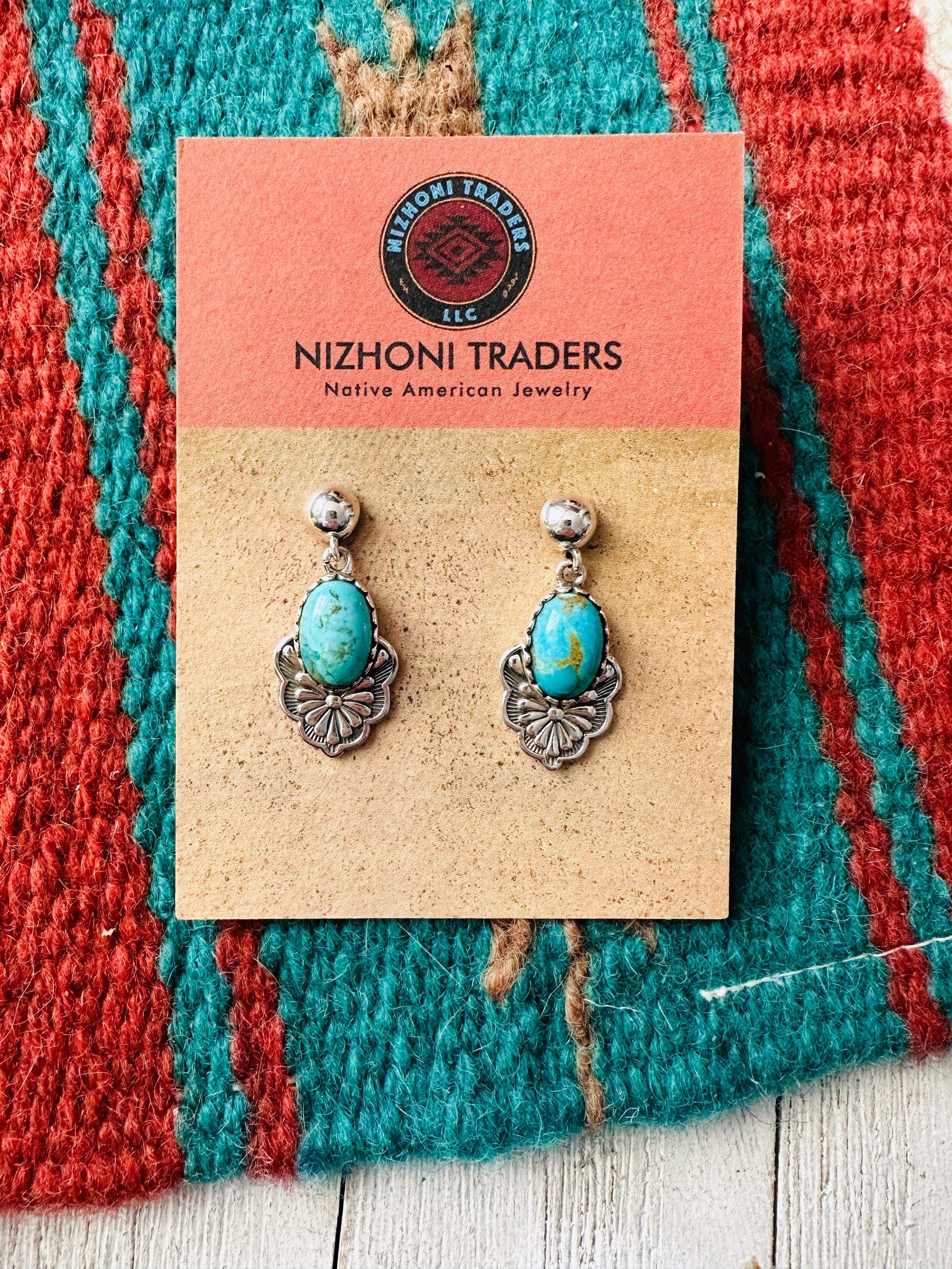 Handmade Turquoise & Sterling Silver Dangle Earrings Signed Nizhoni