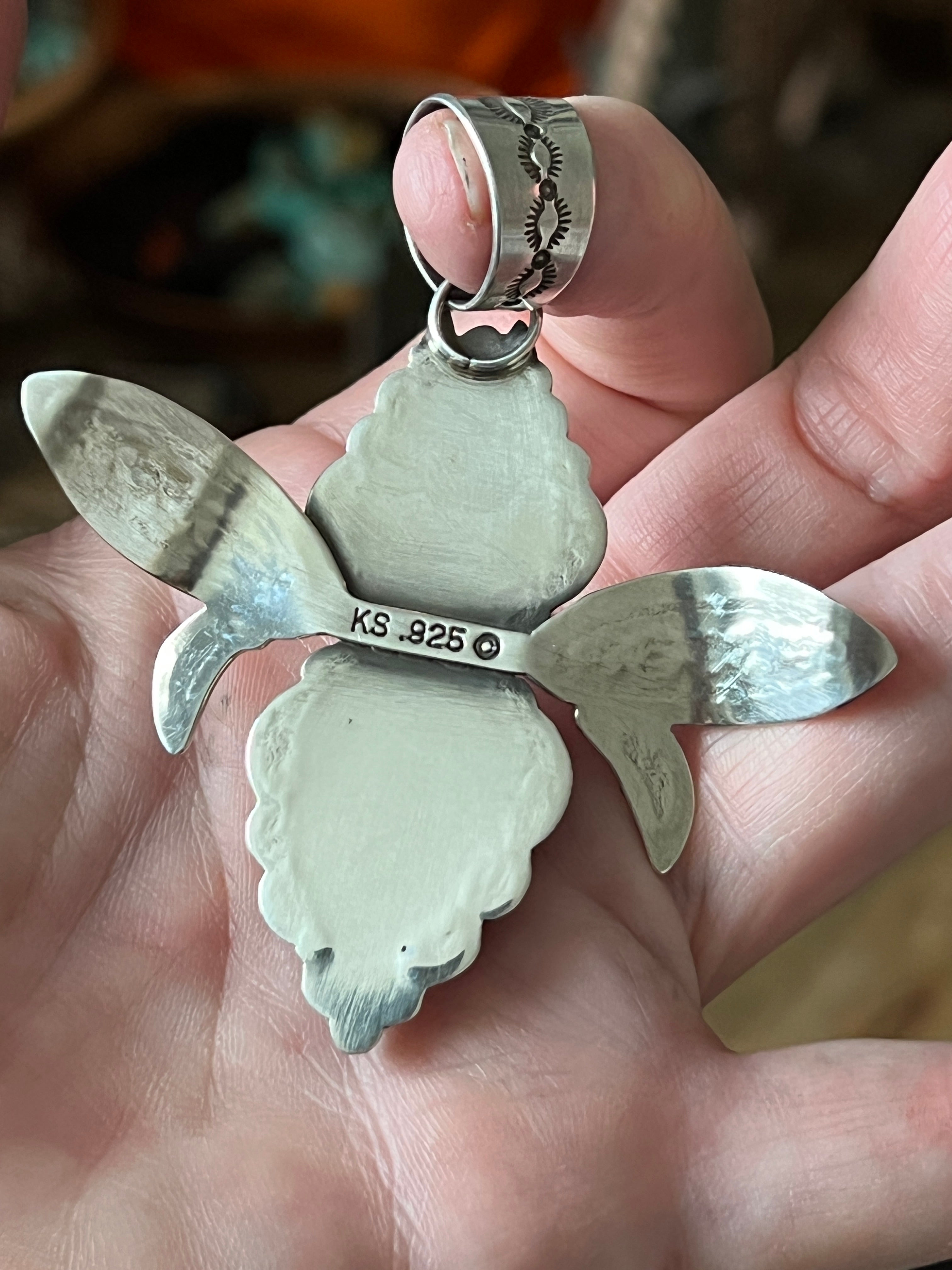 Kimari Somers Hand Stamped Sterling Silver and Turquoise Winged Bug Pendant