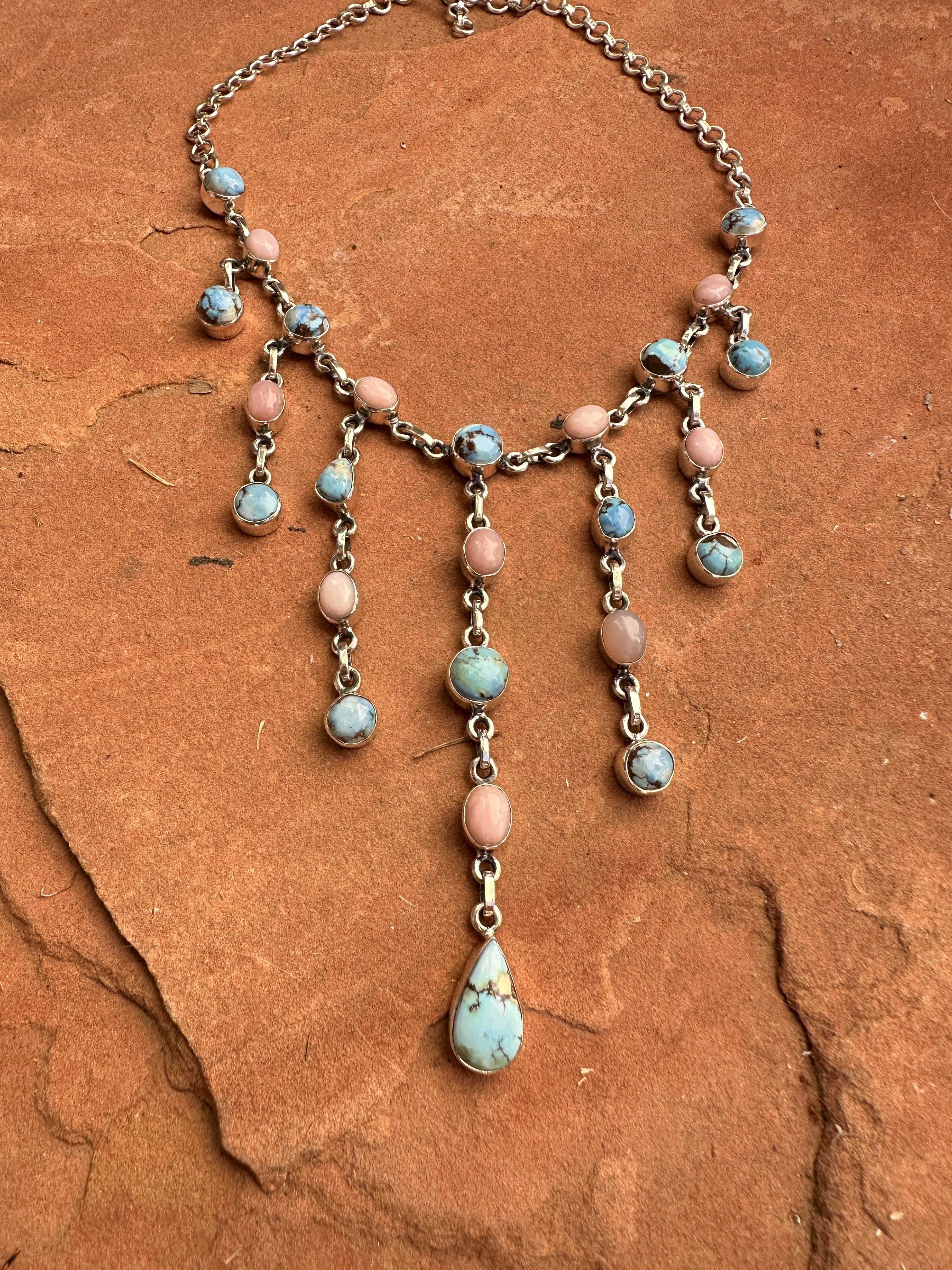 Handmade Sterling Silver, Pink Conch & Golden Hills Turquoise Waterfall Necklace Signed Nizhoni