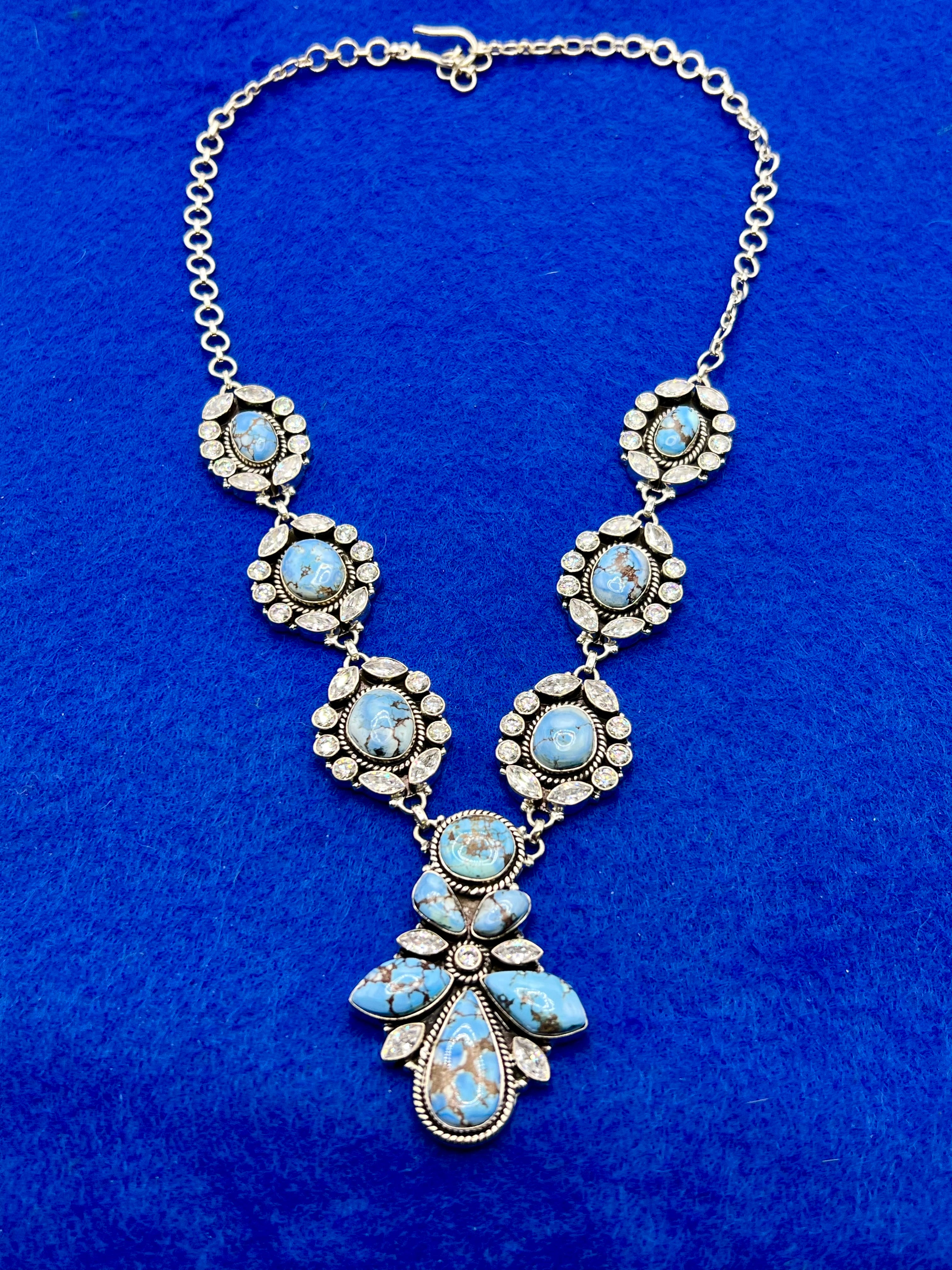 Handmade Golden Hills & CZ Cluster Sterling Silver Lariat Necklace