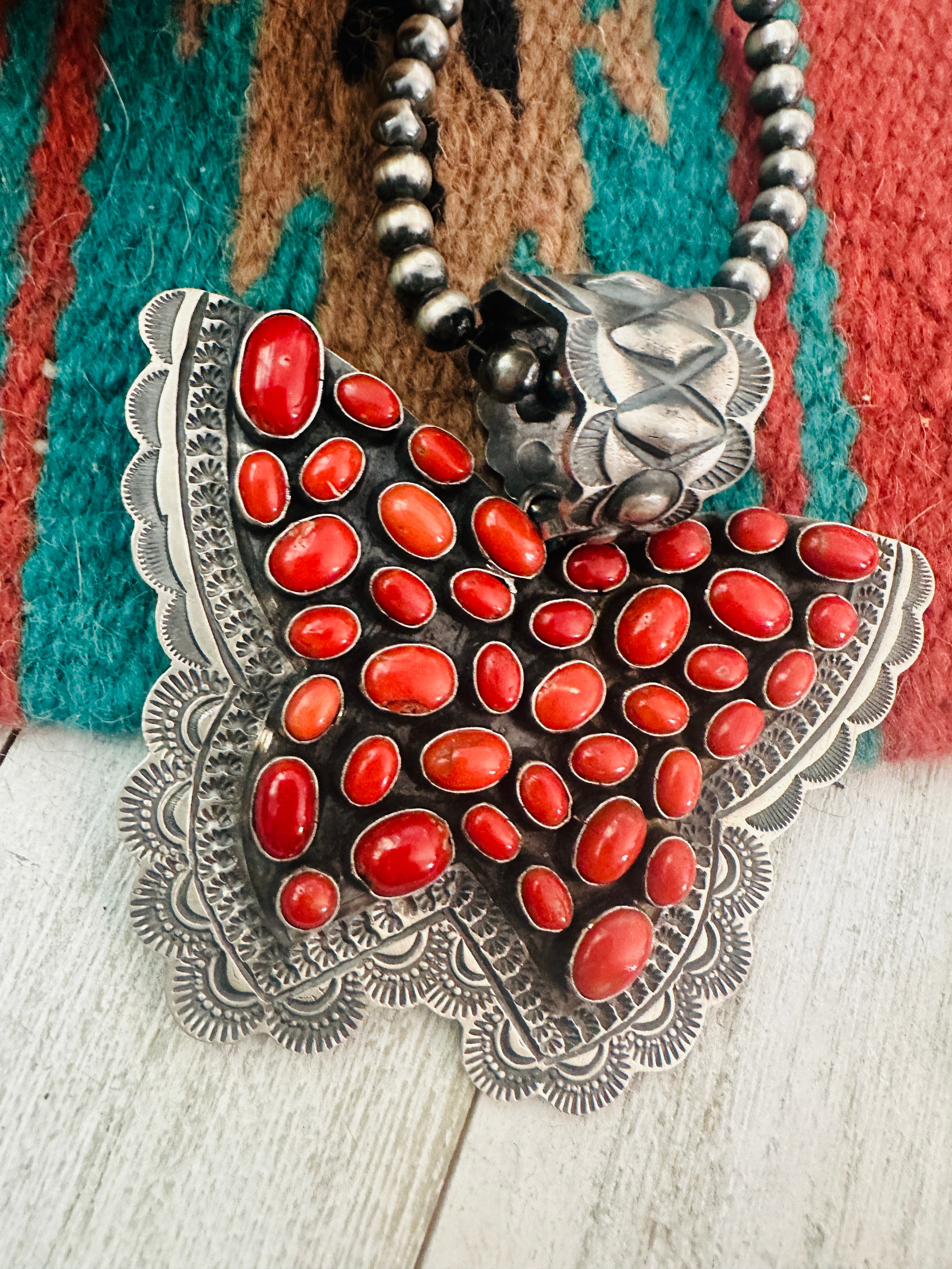 Navajo Sterling Silver & Coral Butterfly Pendant by Shawn Cayatineto