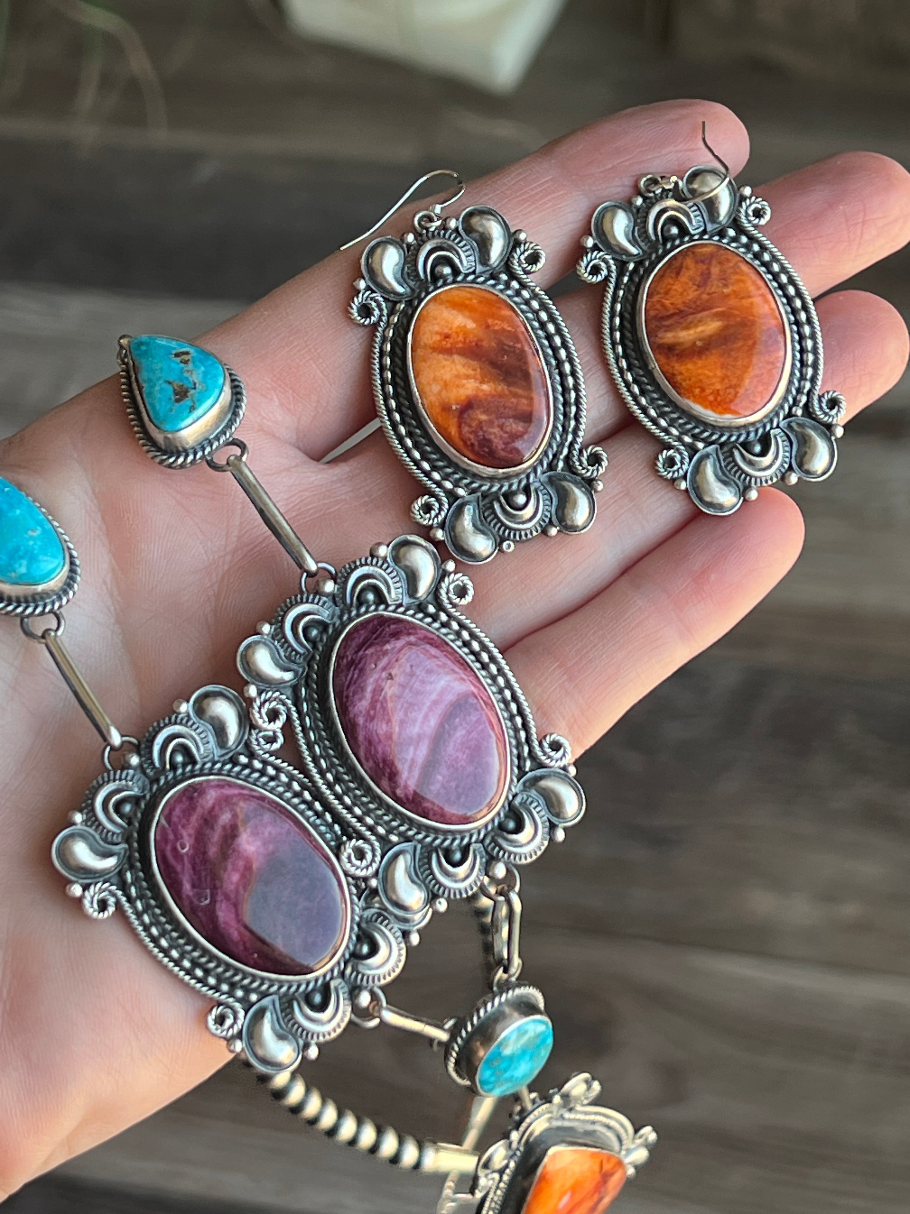 Handcrafted Sterling Silver, Spiny Oyster and Turquoise Link and Bead Necklace and Earrings Set by Derrick Gordon