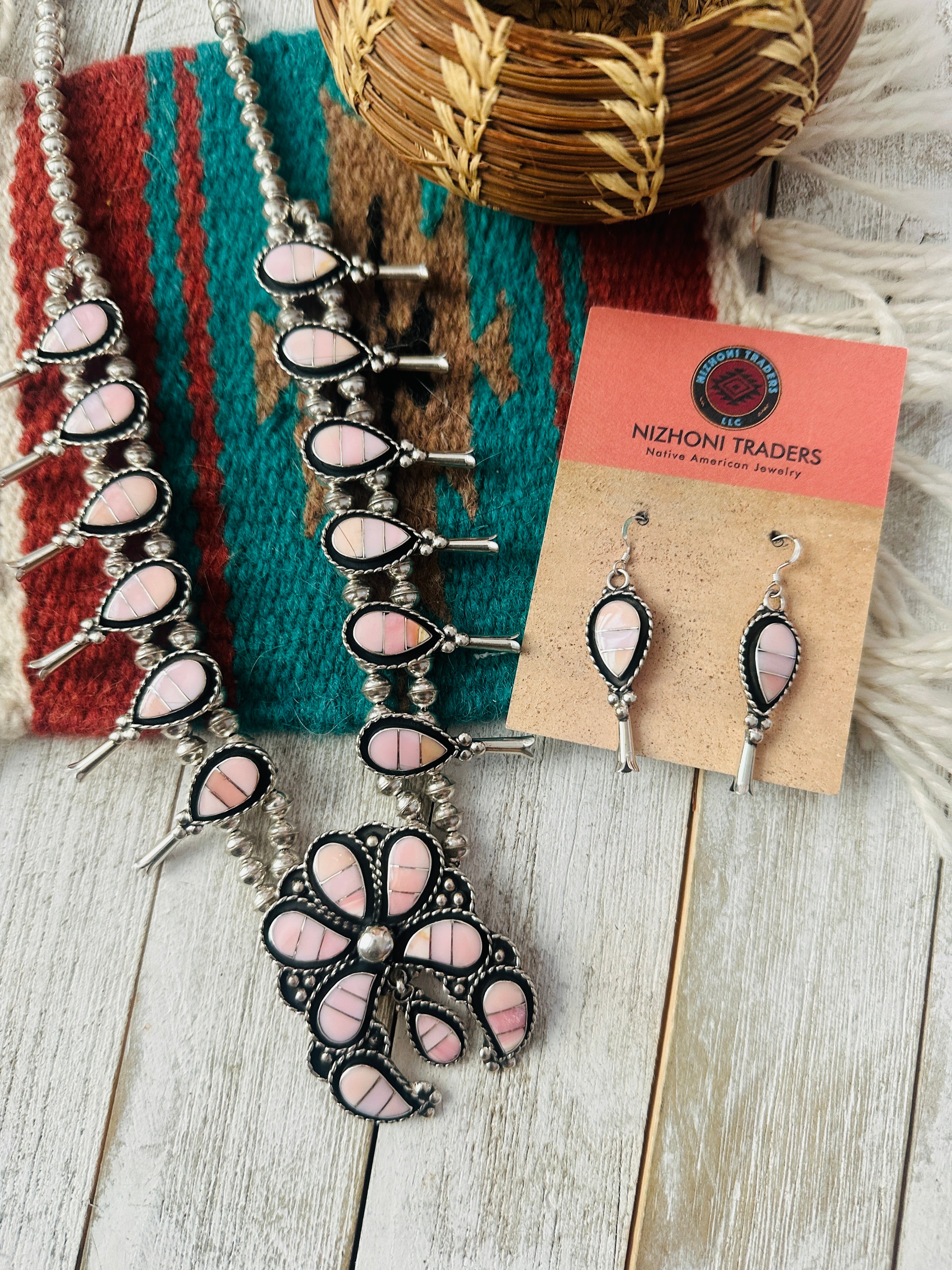 Zuni Sterling Silver & Queen Pink Conch Squash Blossom Necklace Set