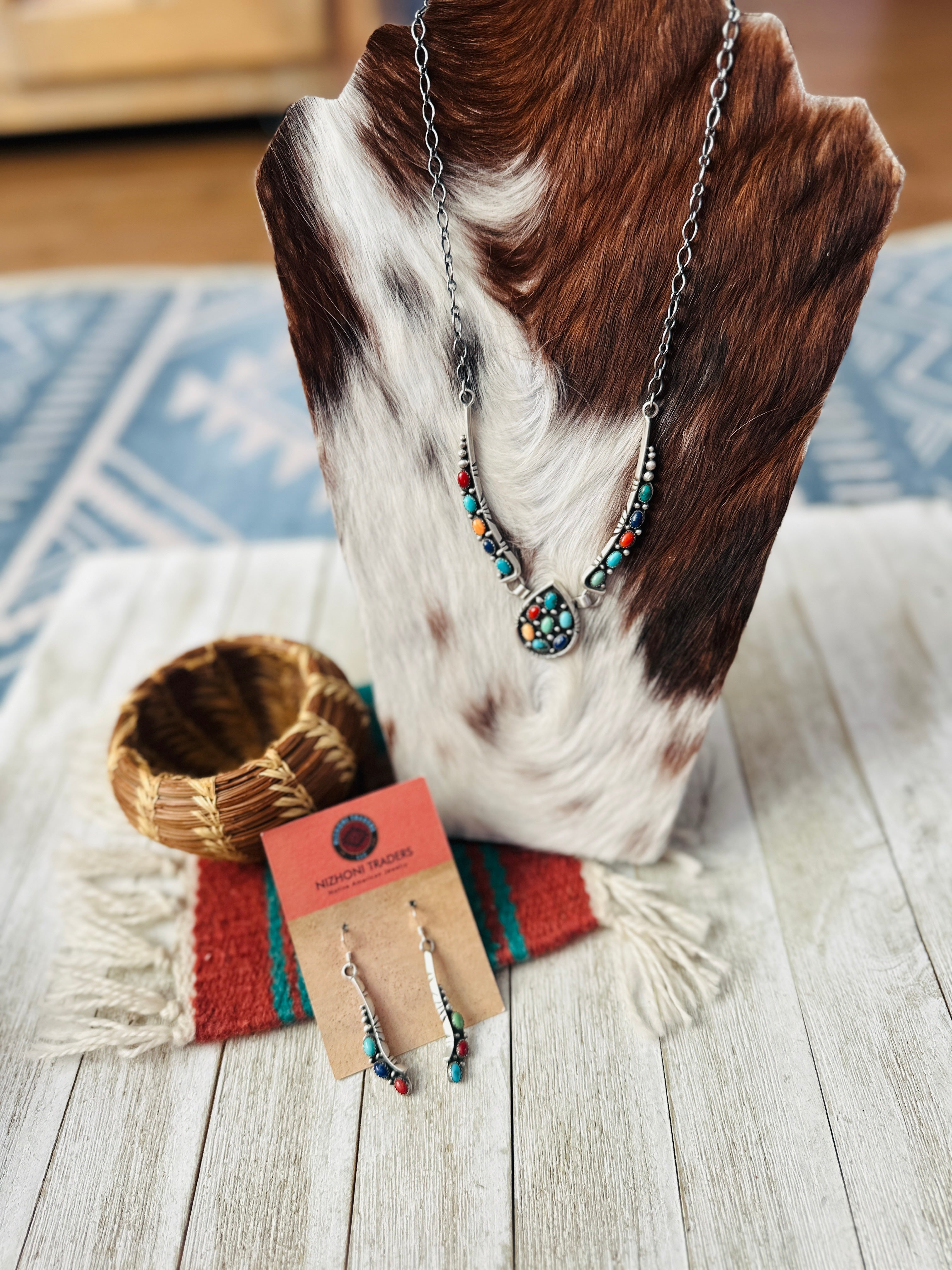 Handcrafted Multi Stone & Sterling Silver Cluster Necklace and Earring Set by Charles Johnson