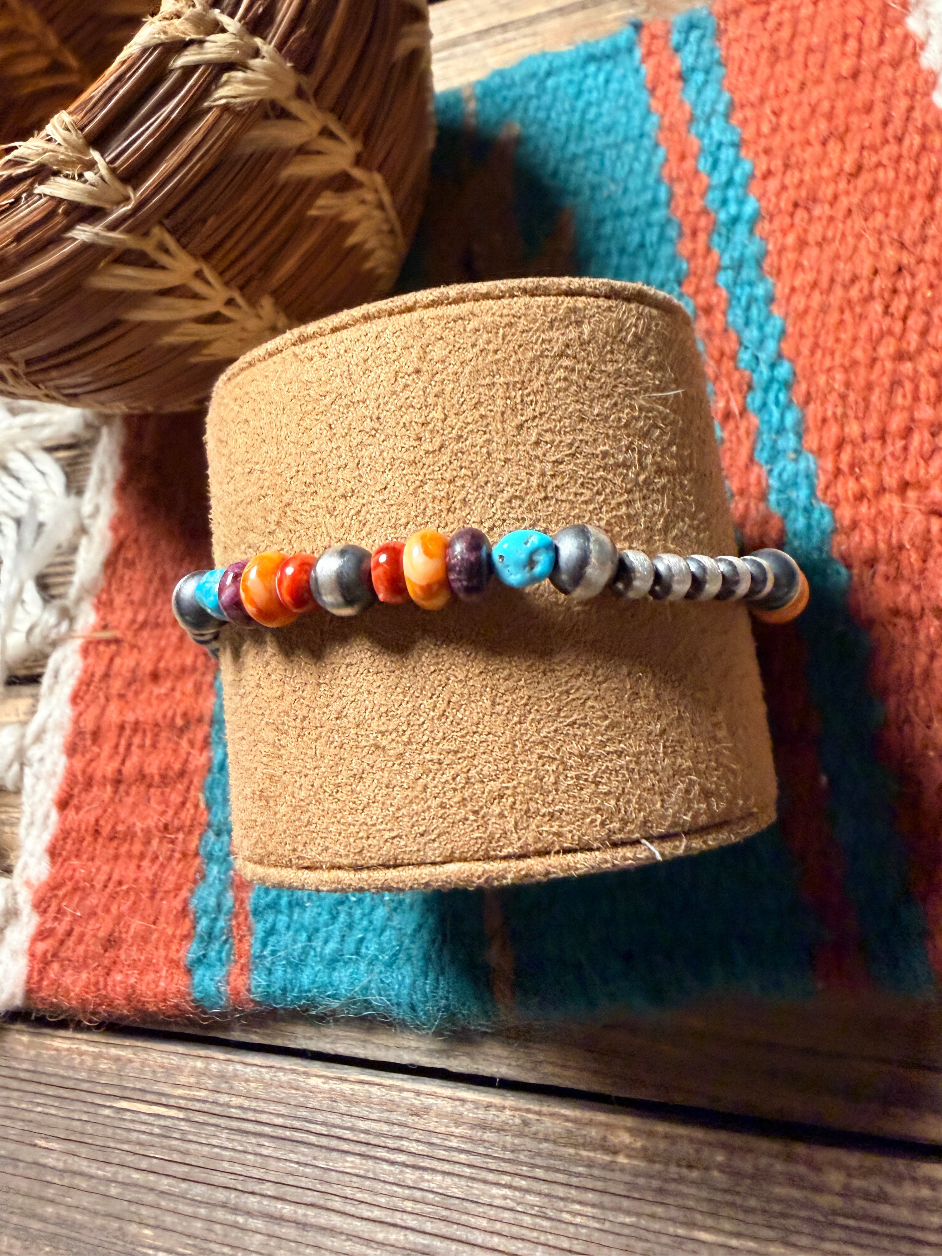 Handcrafted Spiny Oyster, Turquoise & Sterling Silver Beaded Stretch Bracelet