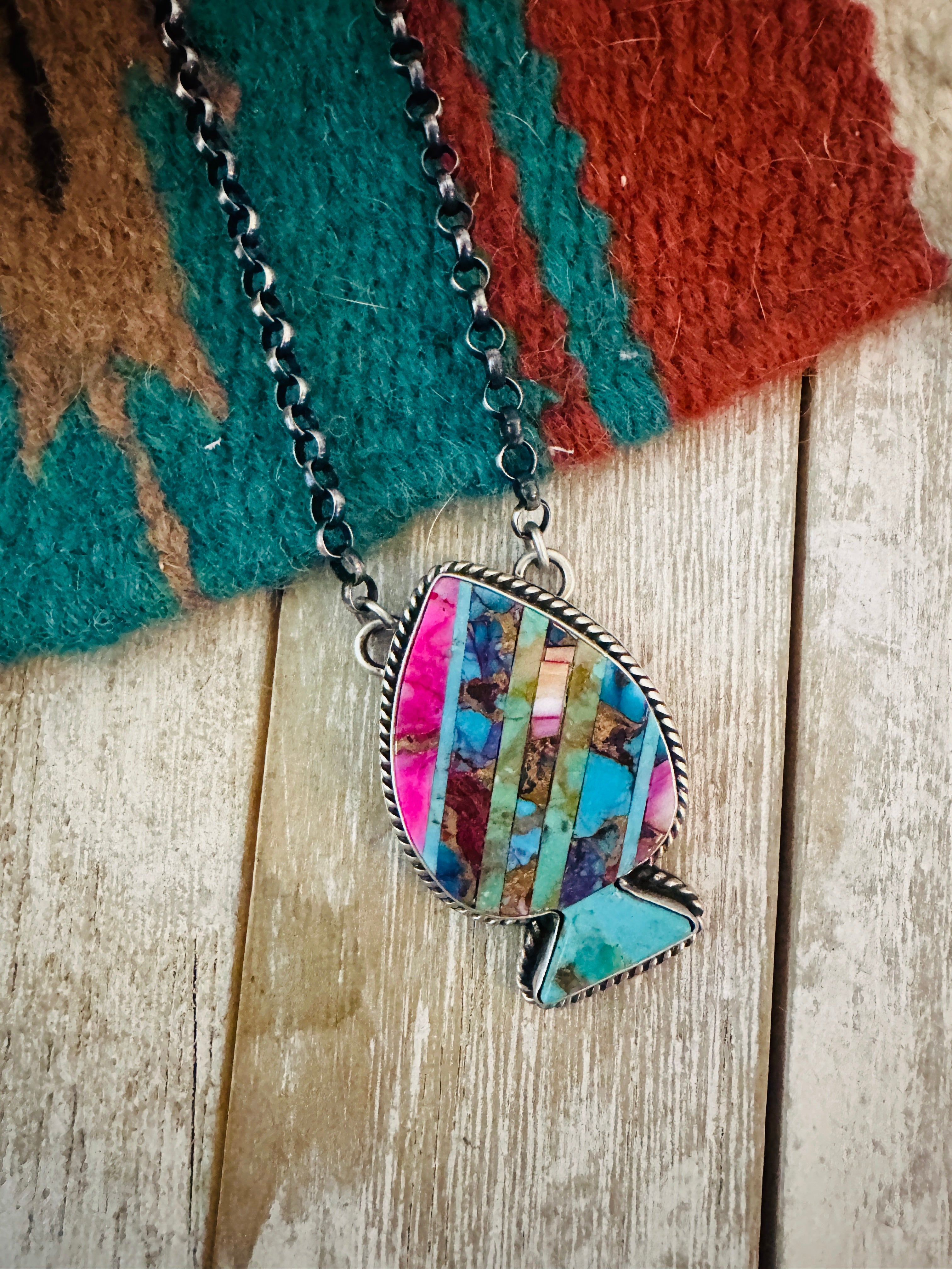Navajo Sterling Silver & Multi Stone Inlay Spade Necklace