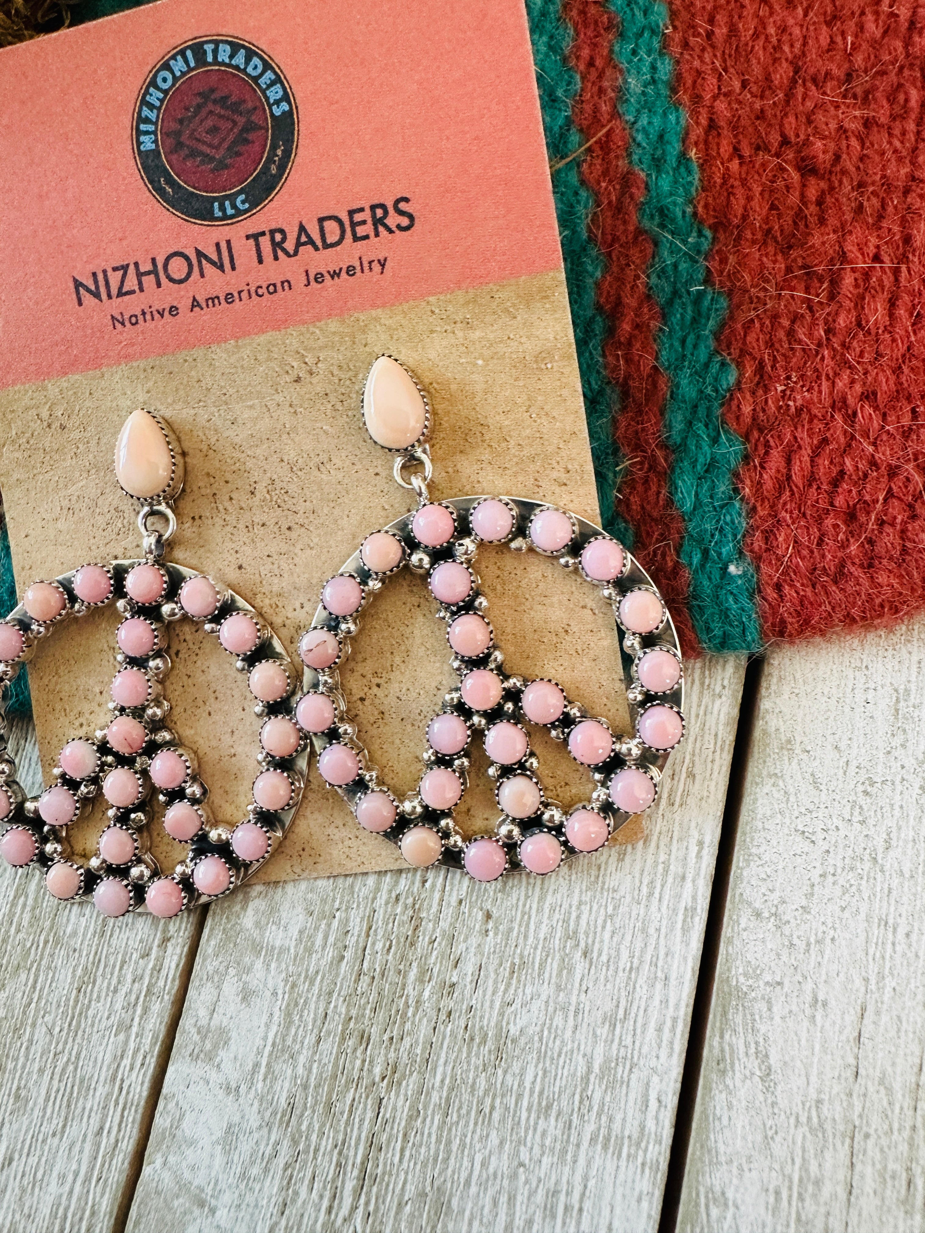 Navajo Queen Pink Conch & Sterling Silver Peace Sign Dangle Earrings