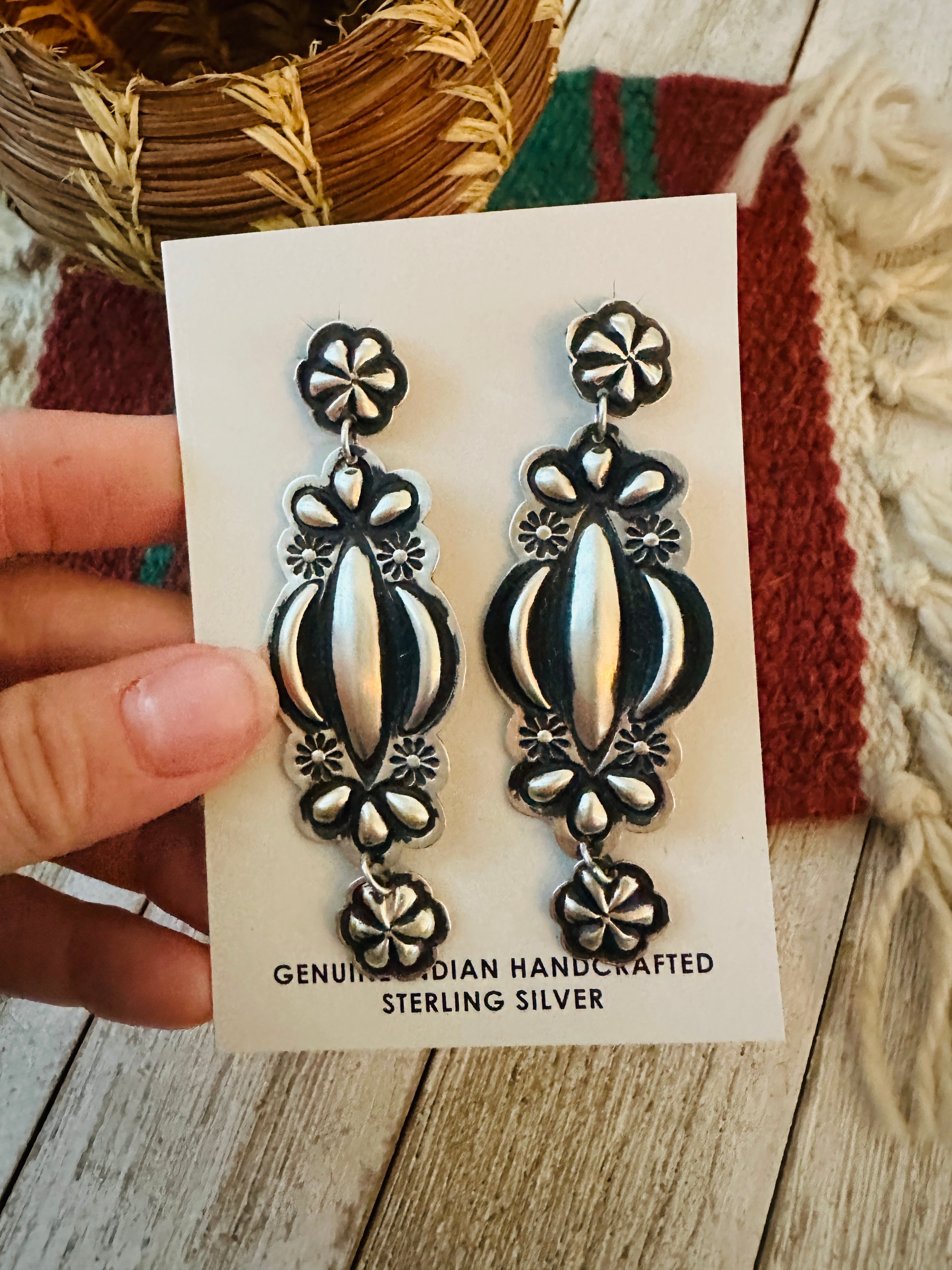 Navajo Hand Stamped Sterling Silver Concho Dangle Earrings by Leander Tahe
