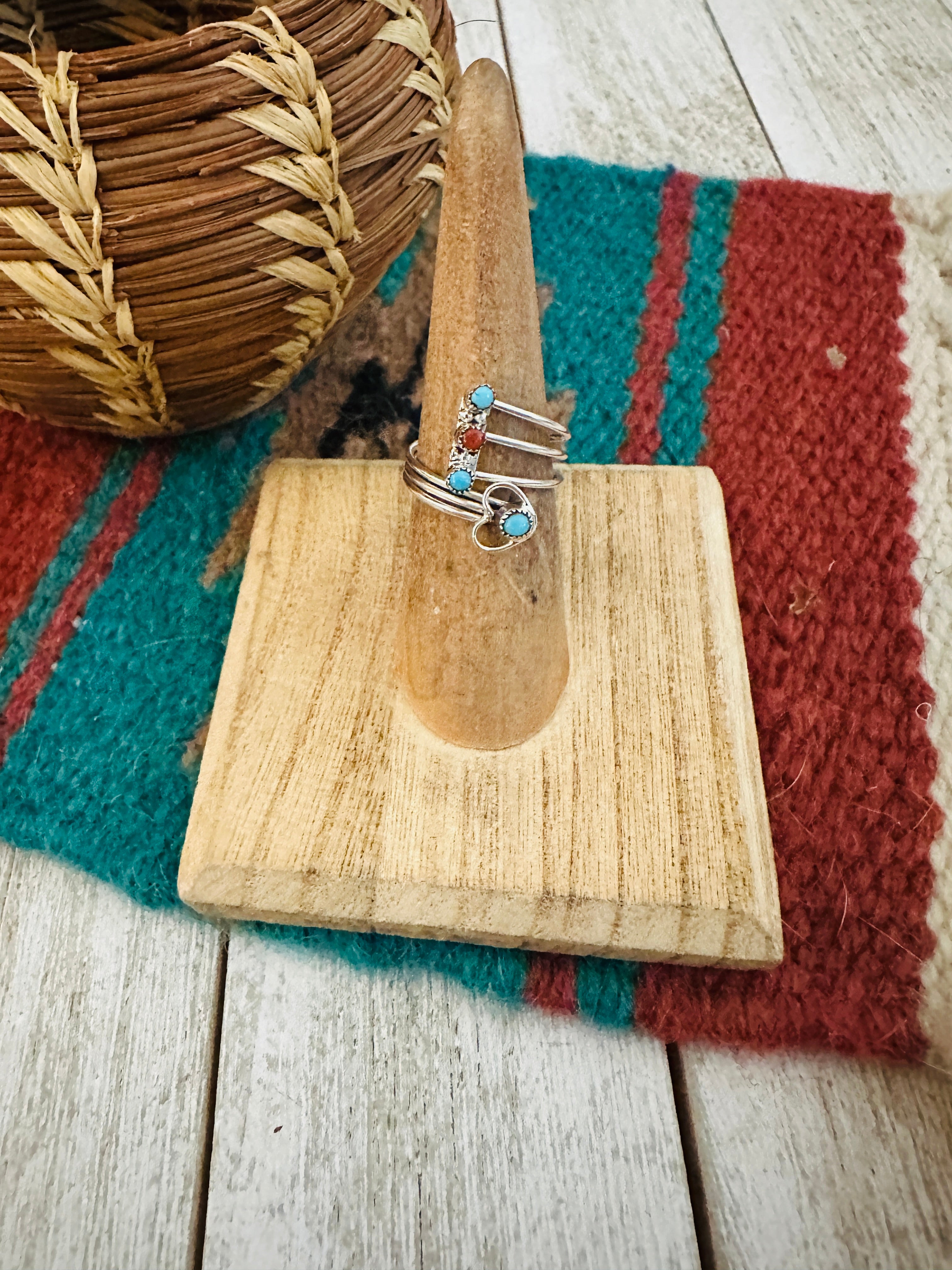 Zuni Turquoise, Coral & Sterling Silver Heart Adjustable Ring