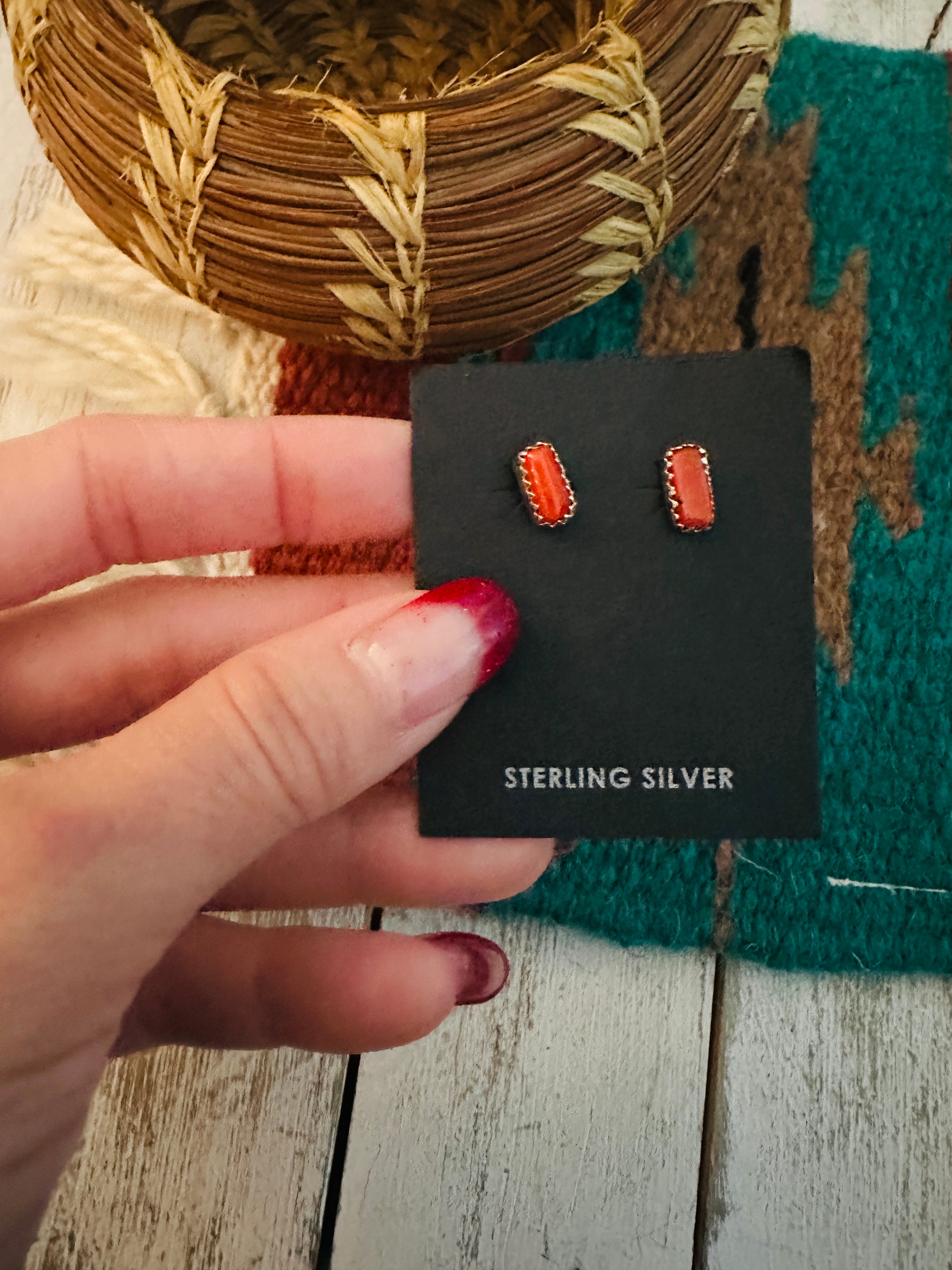 Navajo Coral and Sterling Silver Stud Earrings