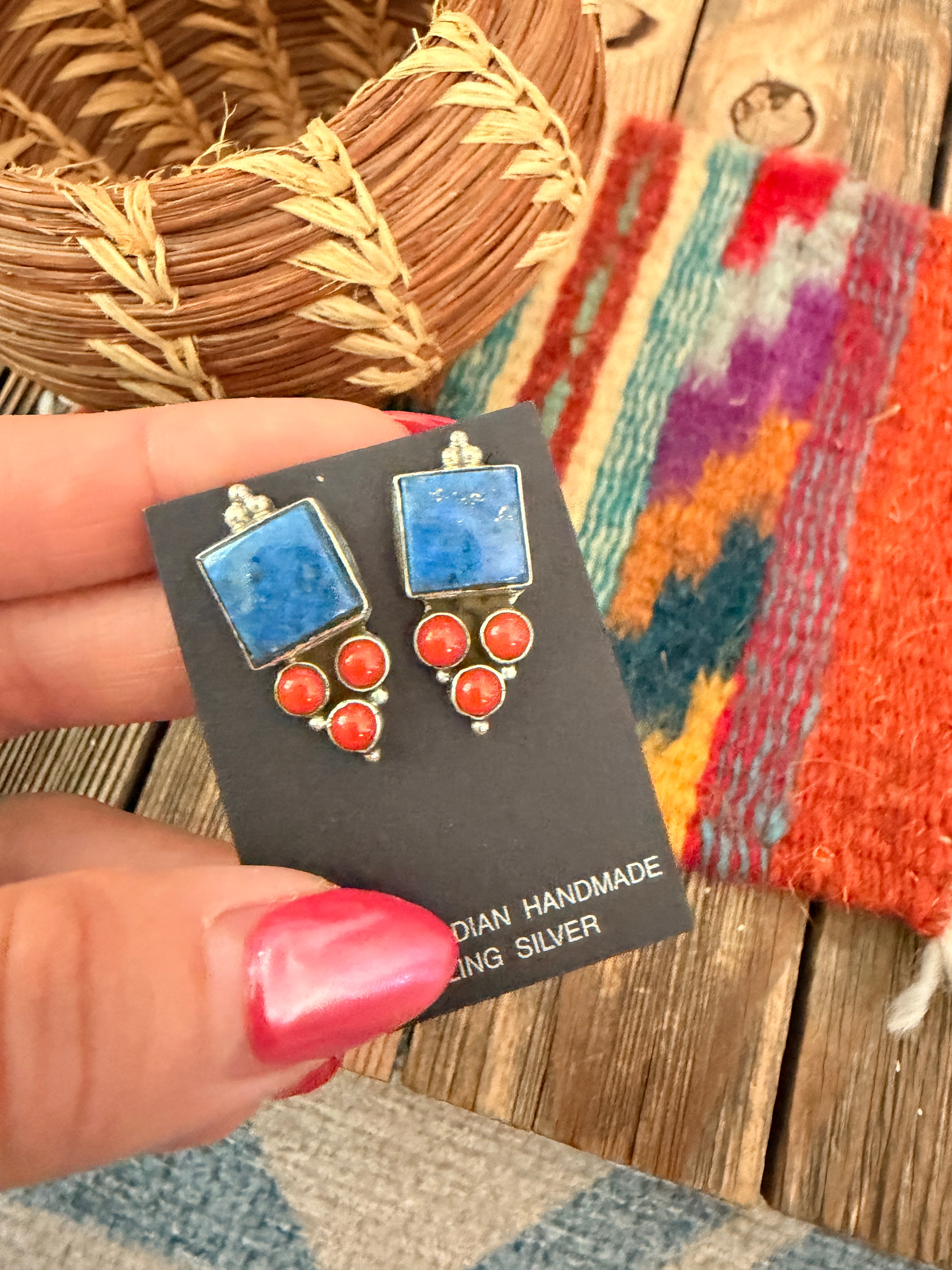 Handcrafted Lapis, Coral & Sterling Silver Dangle Earrings