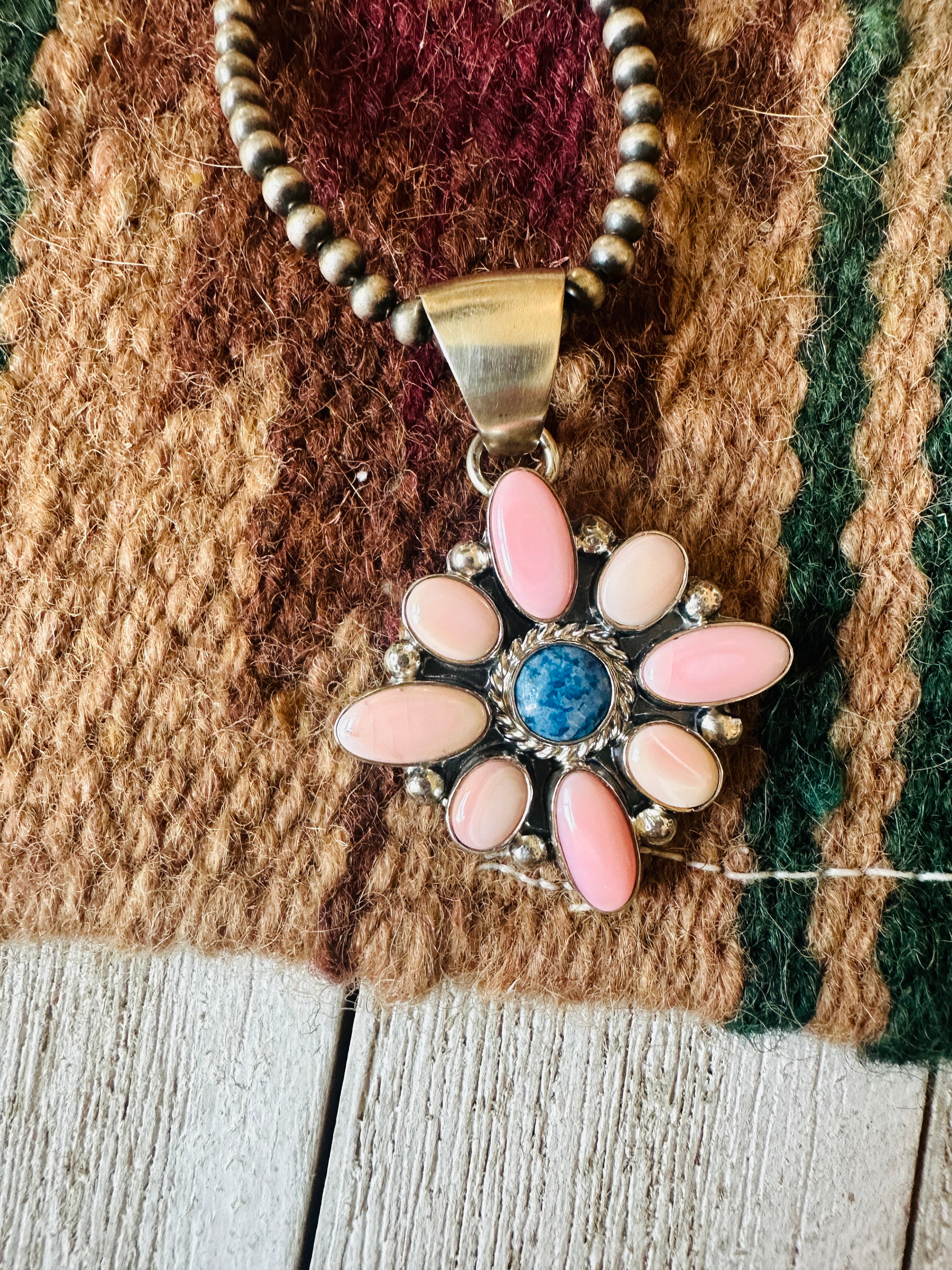 Navajo Queen Pink Conch, Lapis & Sterling Silver Cluster Pendant