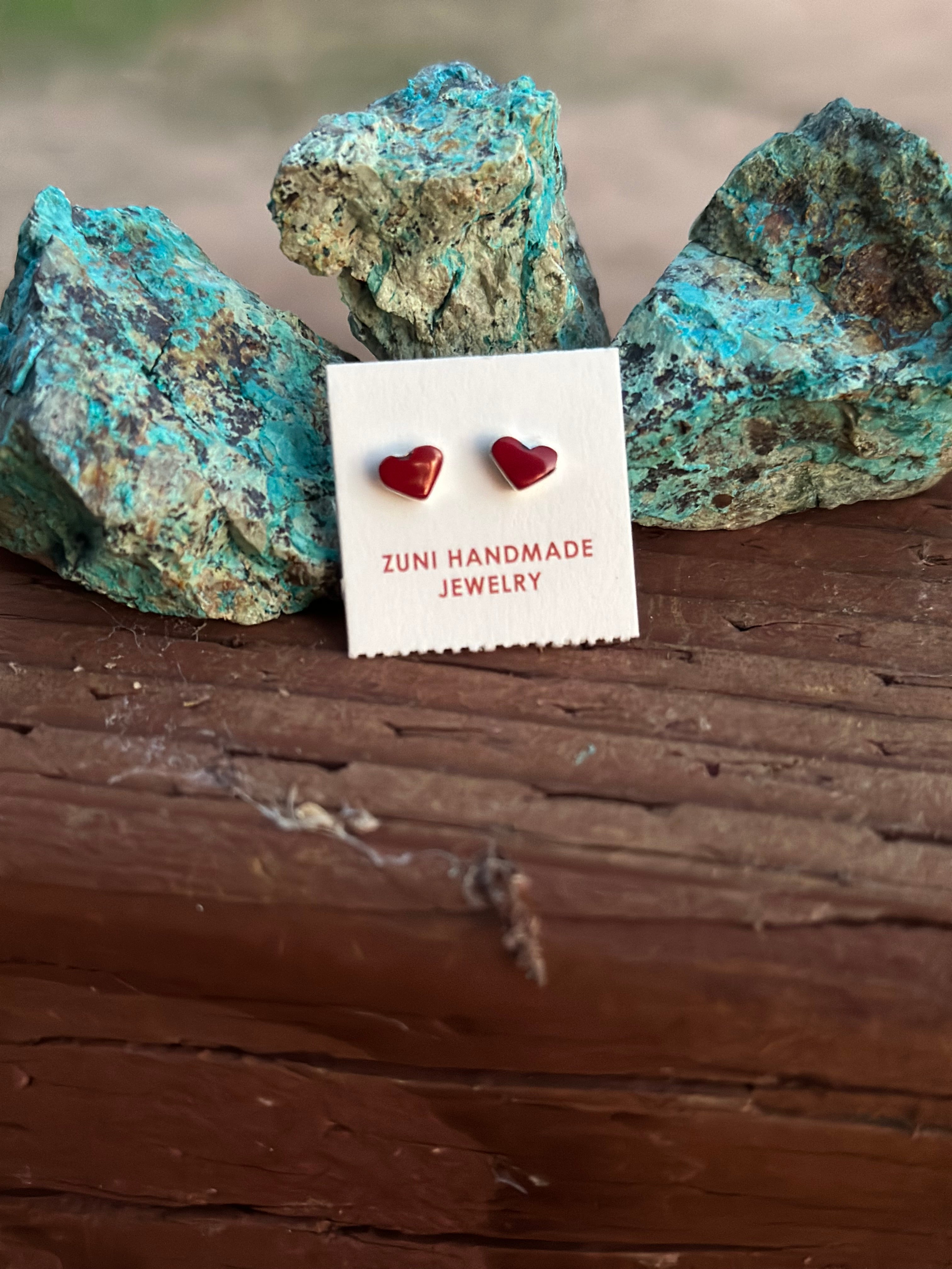 Zuni Coral & Sterling Silver Heart Stud Earrings