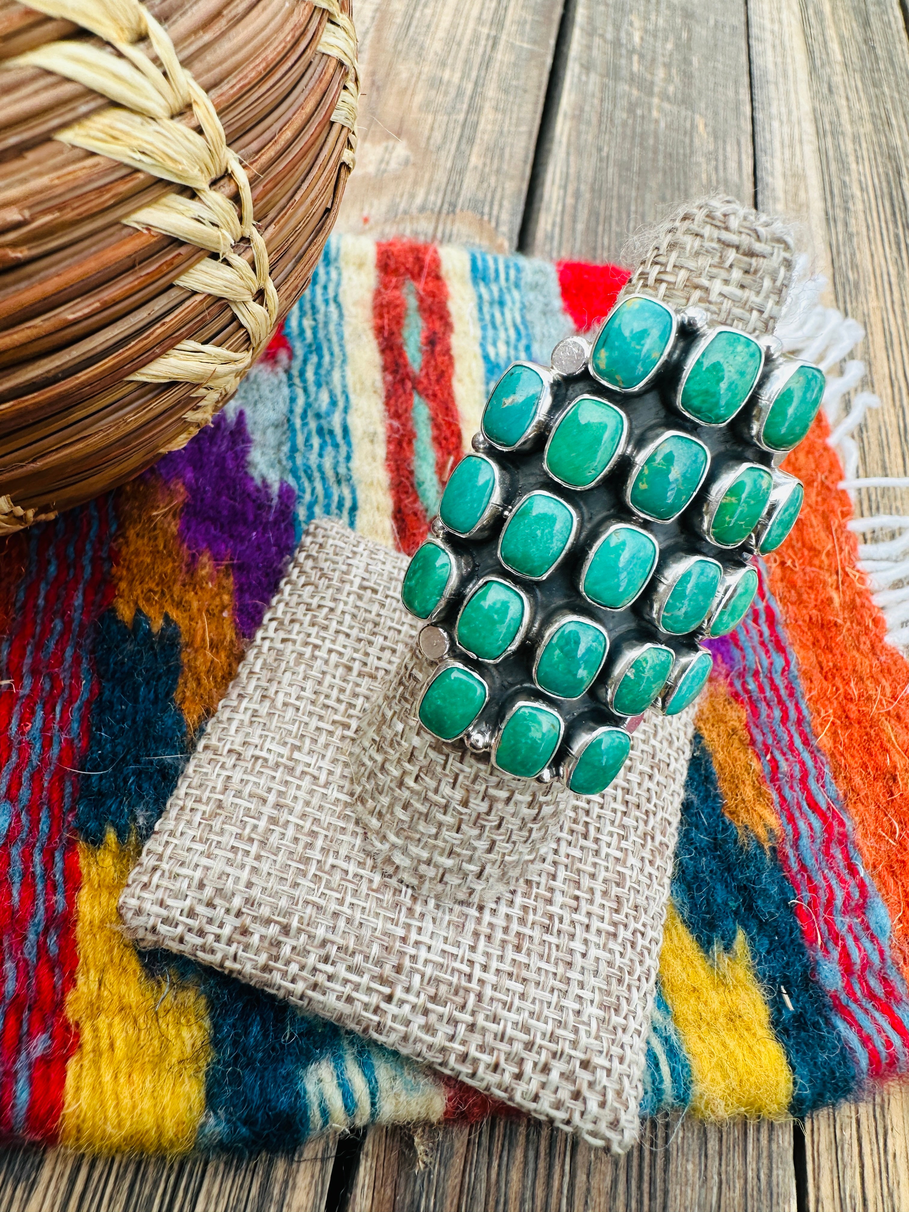 Handcrafted Turquoise & Sterling Silver Cluster Ring Size 7