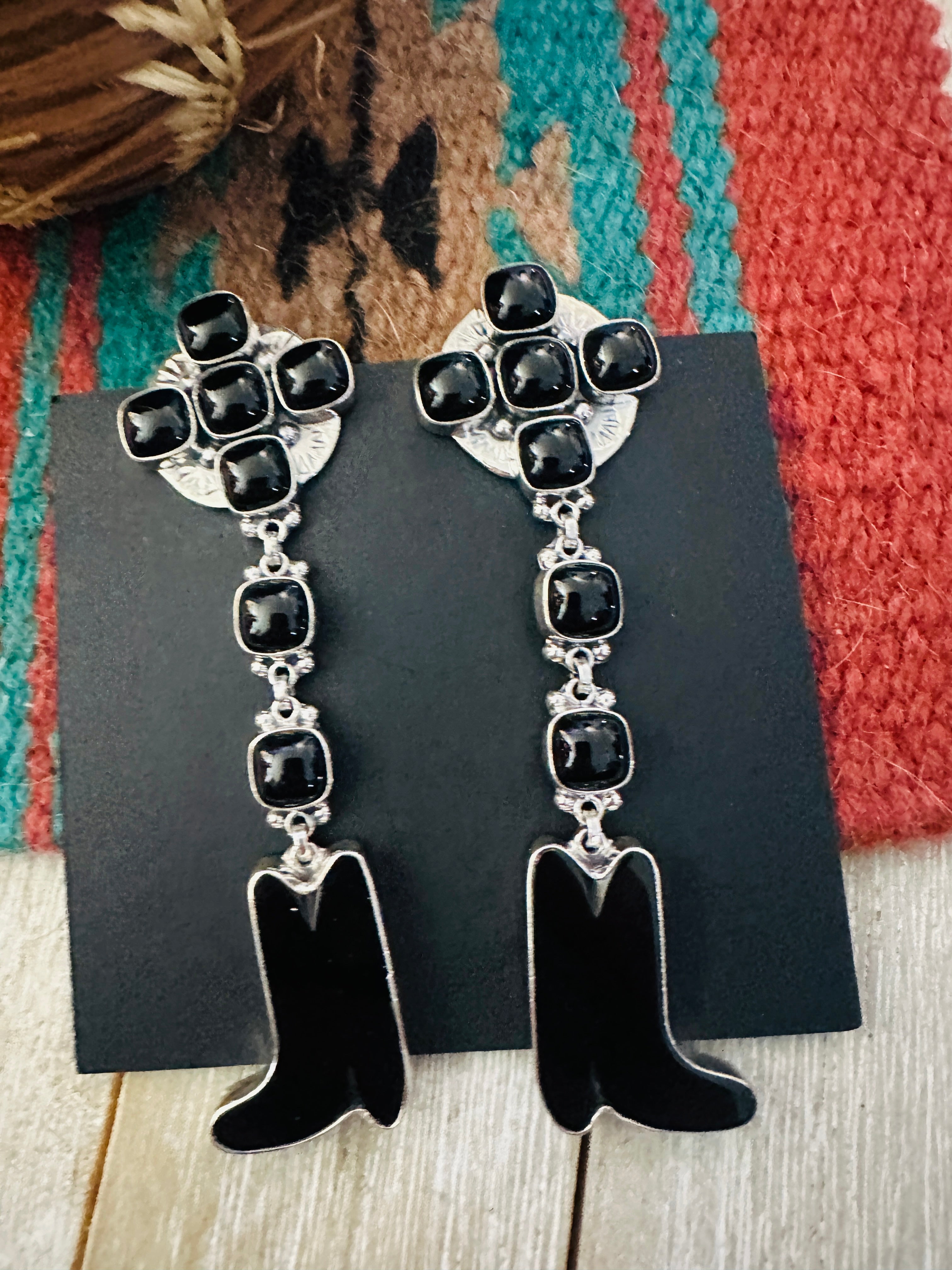 Handcrafted Onyx & Sterling Silver Cowboy Boot Dangle Earrings by Federico Jimenez