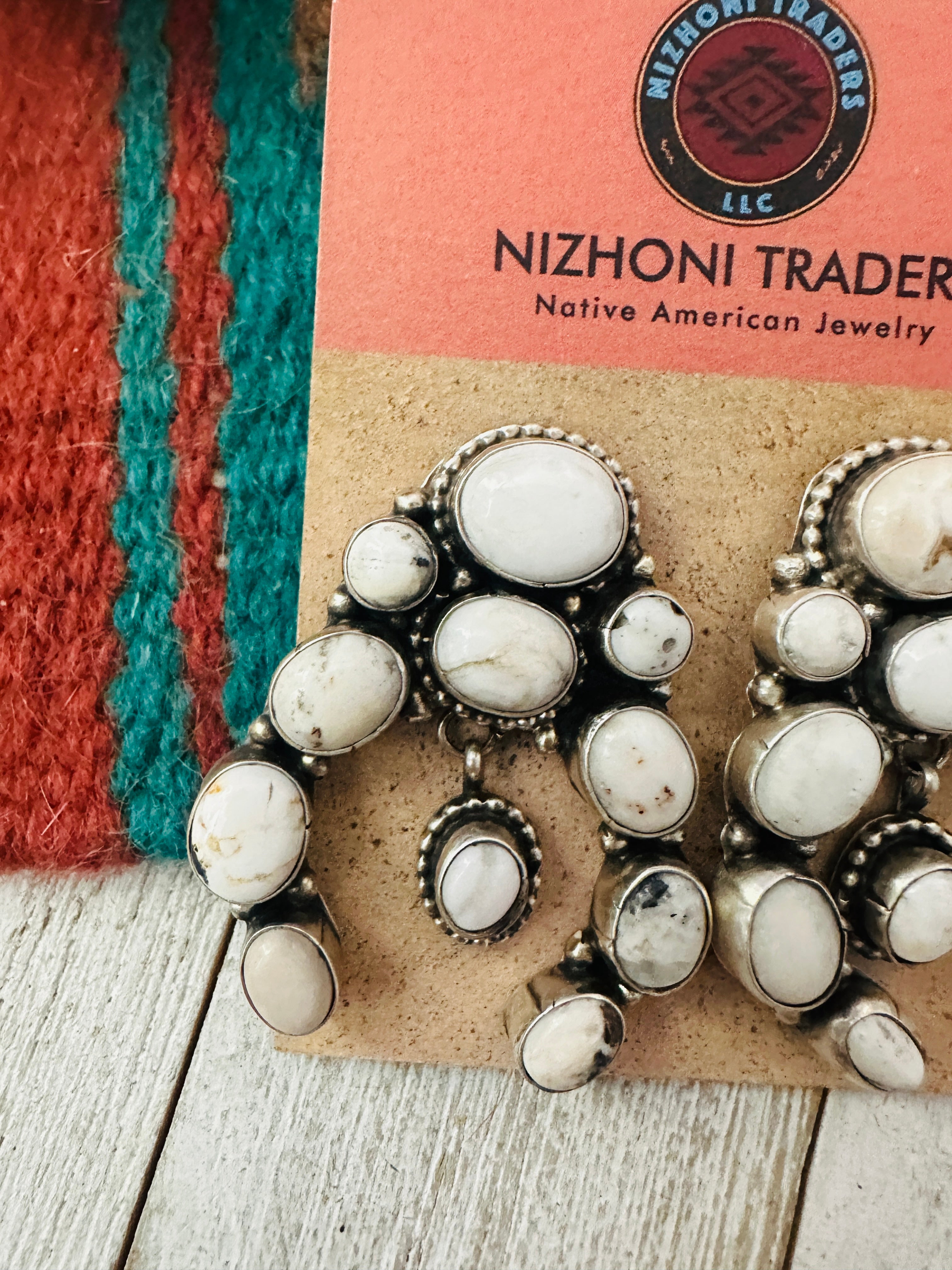 Navajo White Buffalo & Sterling Silver Cluster Naja Earrings