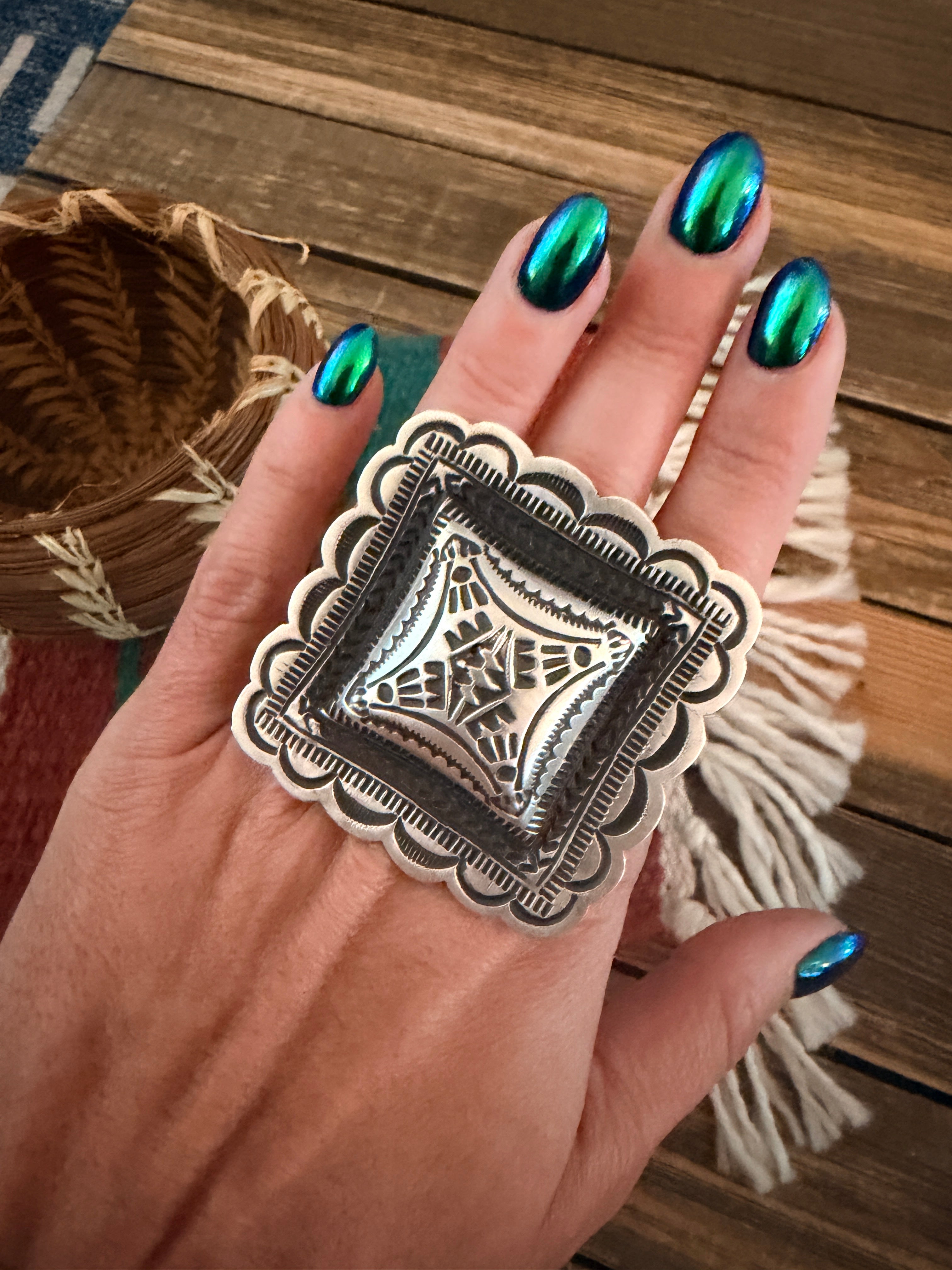 Handcrafted Sterling Silver Adjustable Concho Ring by Leander Tahe