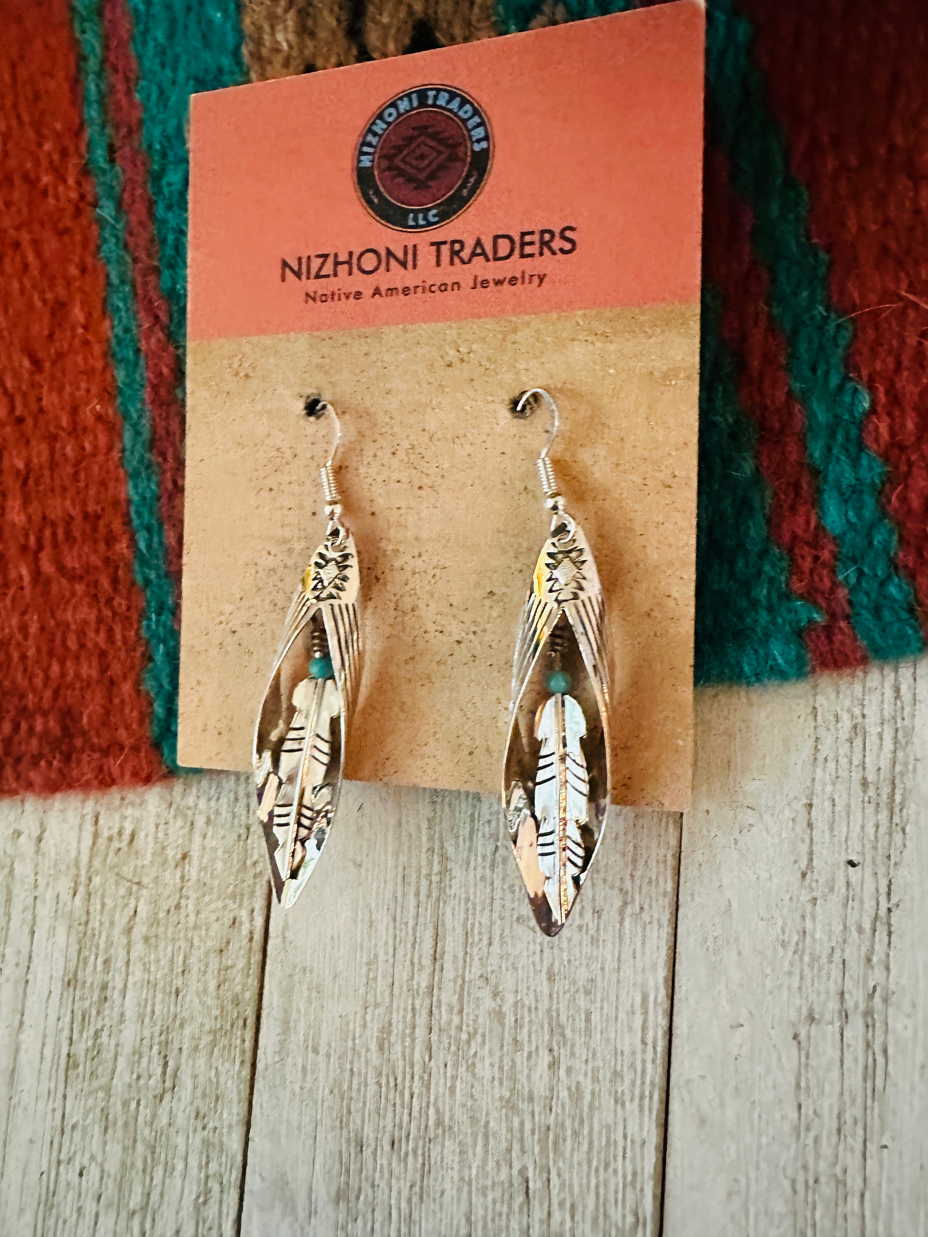 Navajo Turquoise & Sterling Silver Feather Dangle Earrings