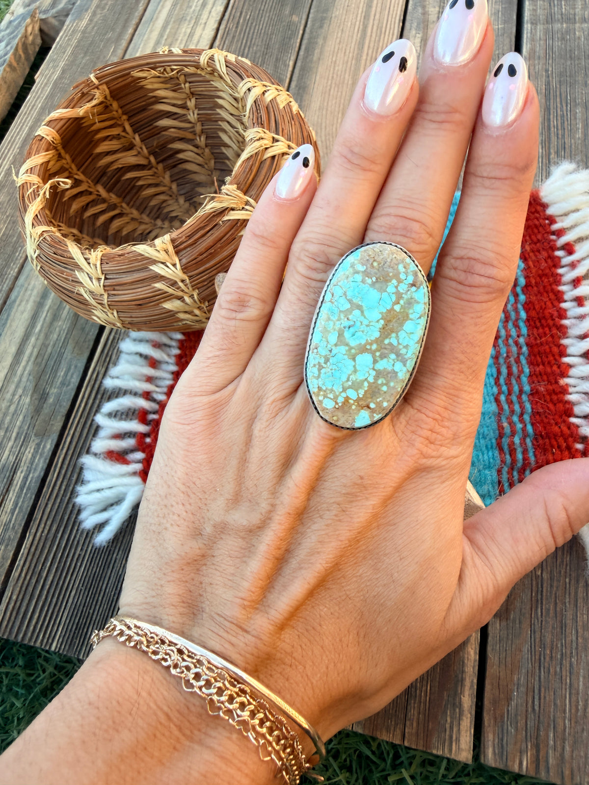 Handcrafted Number 8 Turquoise & Sterling Silver Adjustable Ring by Leslie Nez