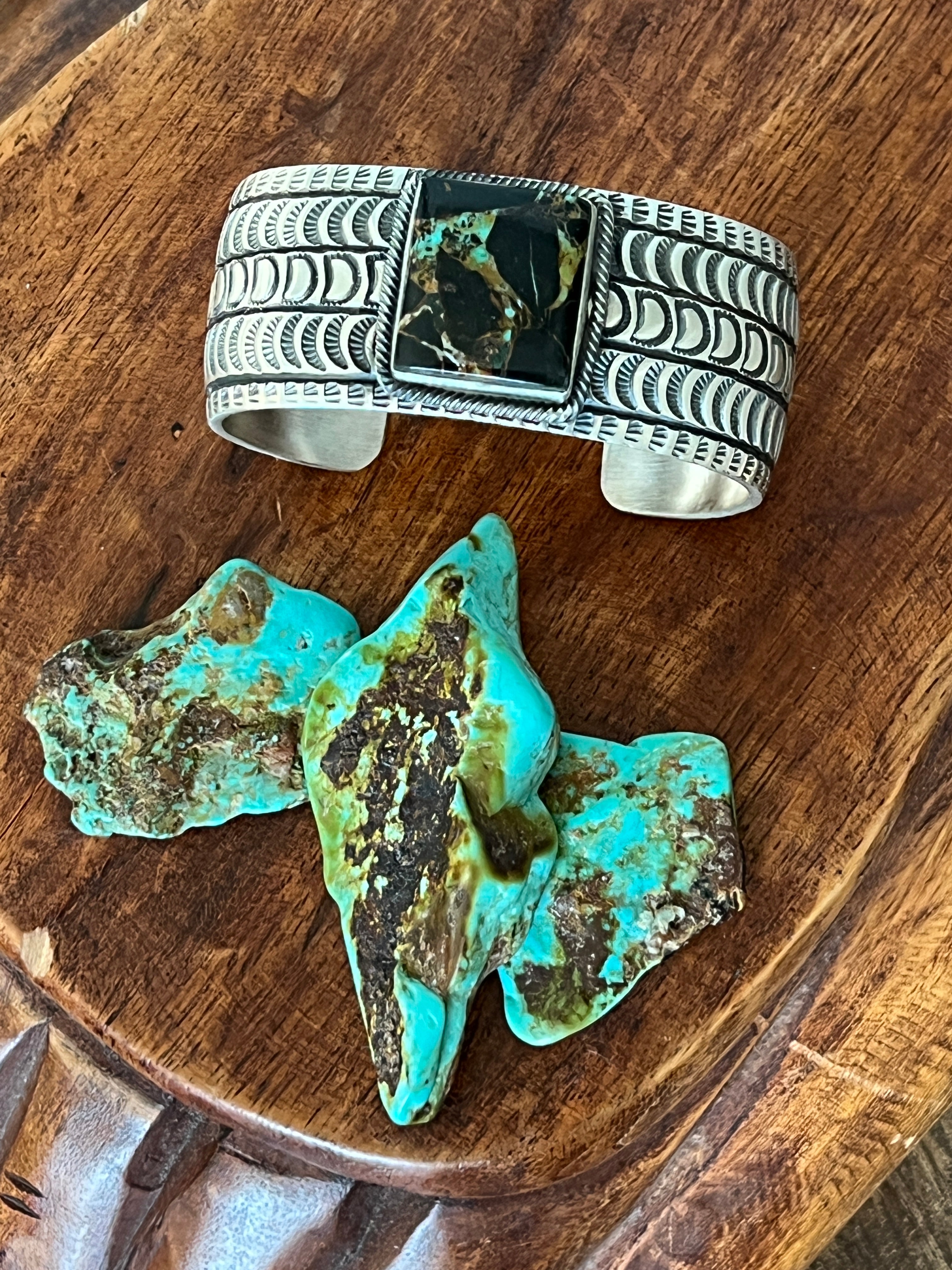 Handcrafted Sterling Silver and Blackjack Turquoise Hand Stamped Cuff Bracelet by Randy Boyd