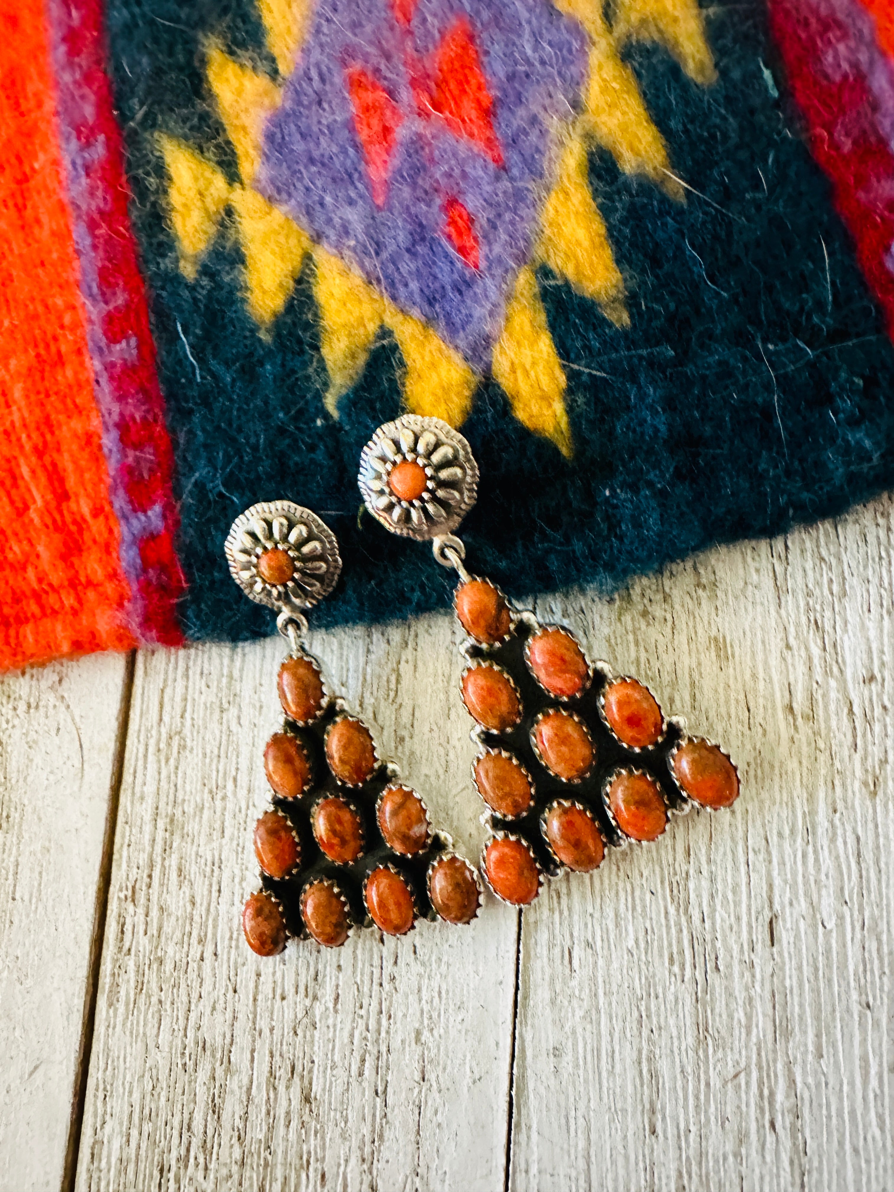 Handmade Orange Spiny & Sterling Silver Triangle Dangle Earrings Signed Nizhoni