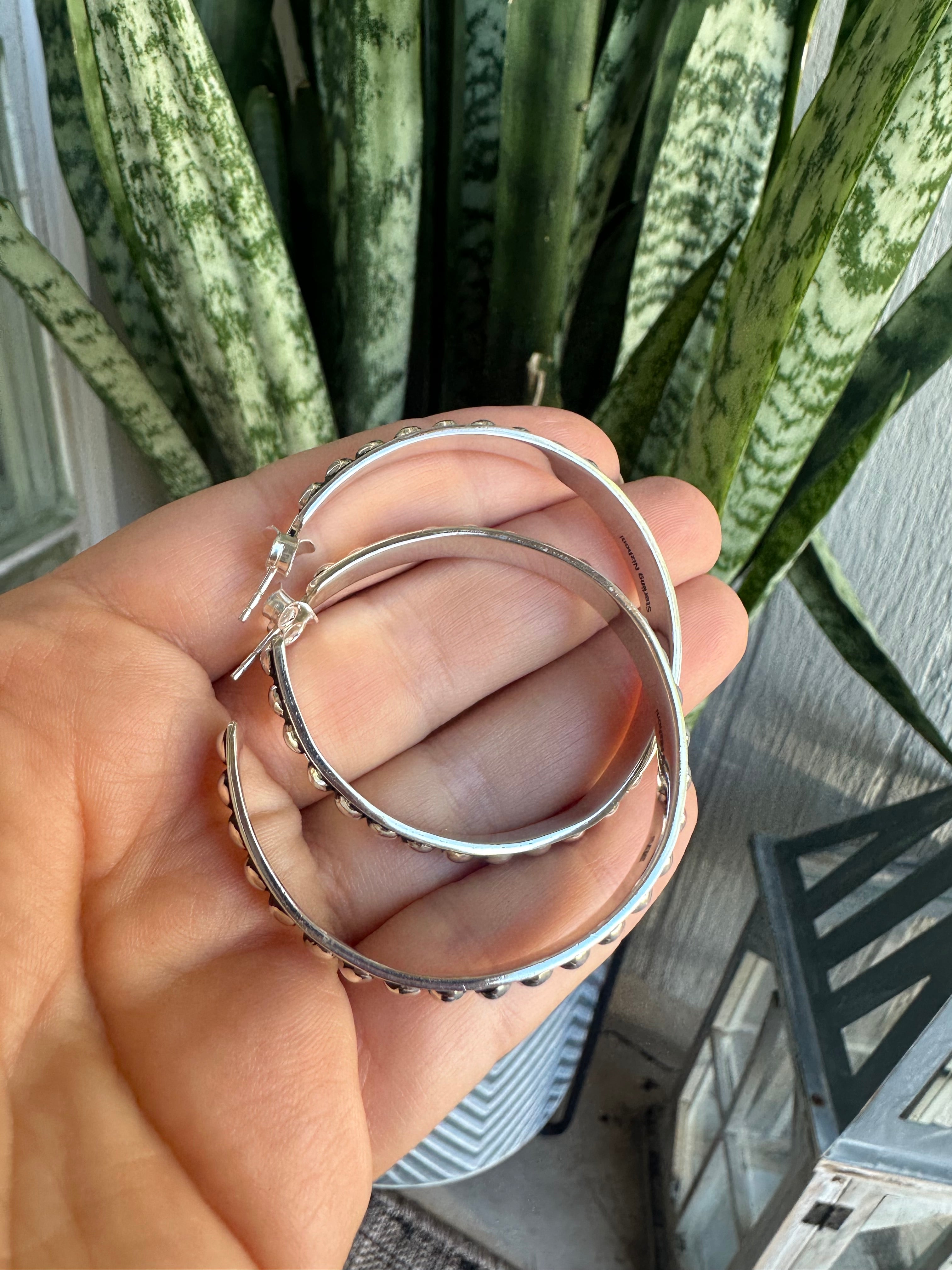 Handmade Sterling Silver Ball Hoop Earrings Signed Nizhoni 1.5”