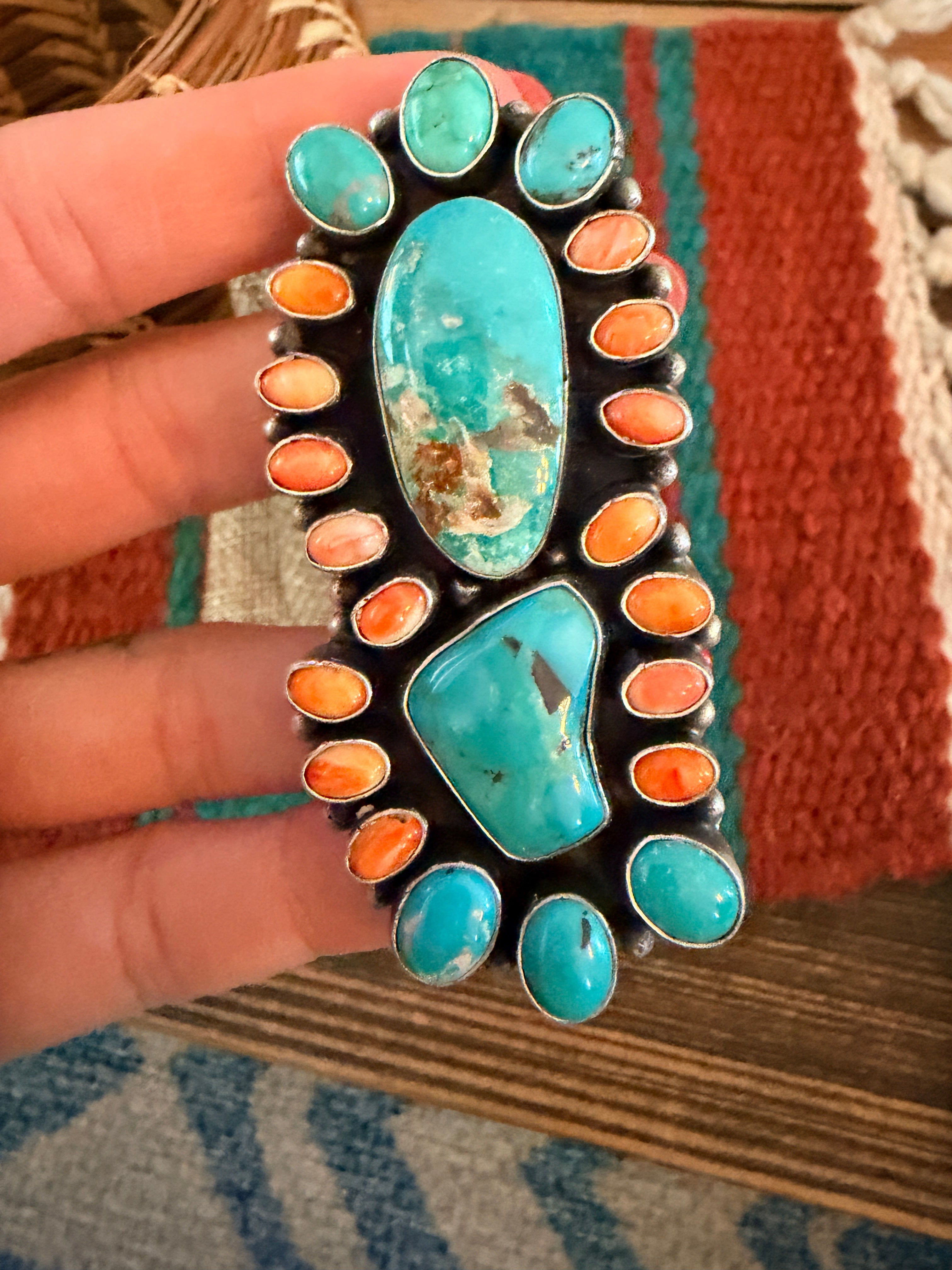 Handcrafted Spiny Oyster, Turquoise & Sterling Silver Cluster Ring by Sheila Becenti Size 10