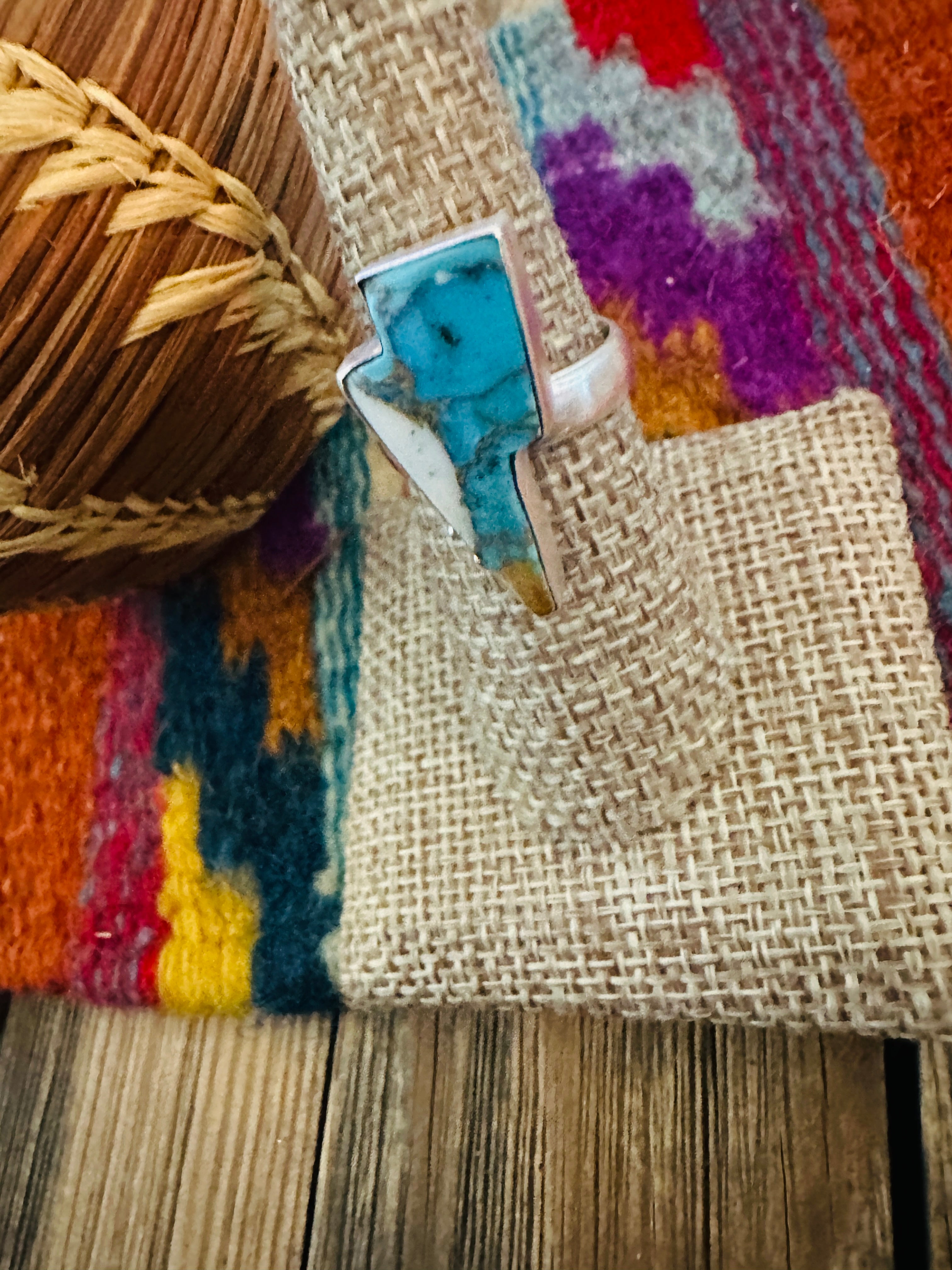 Handcrafted Turquoise & Sterling Silver Lightning Bolt Adjustable Ring