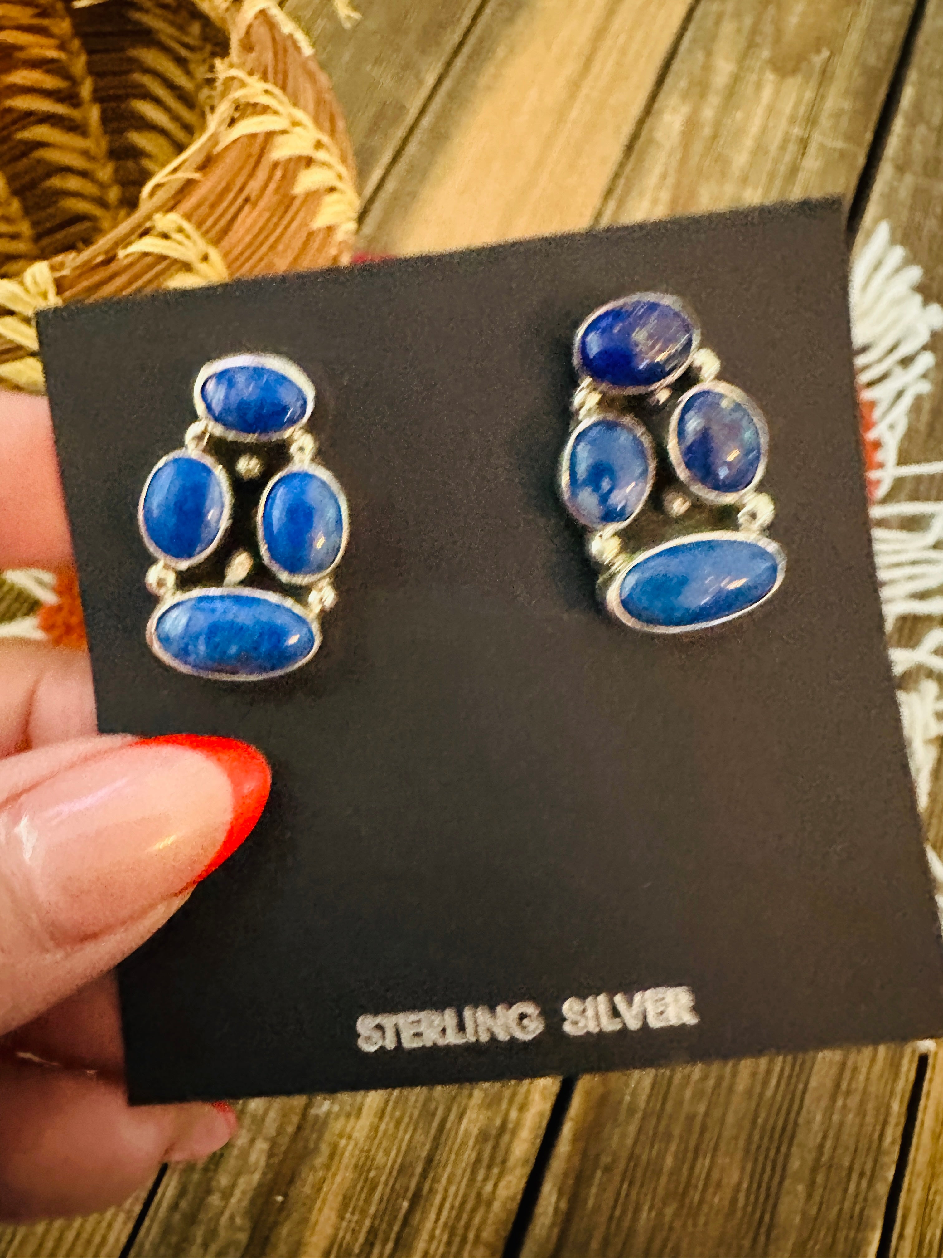 Handcrafted Lapis & Sterling Silver Cluster Post Earrings