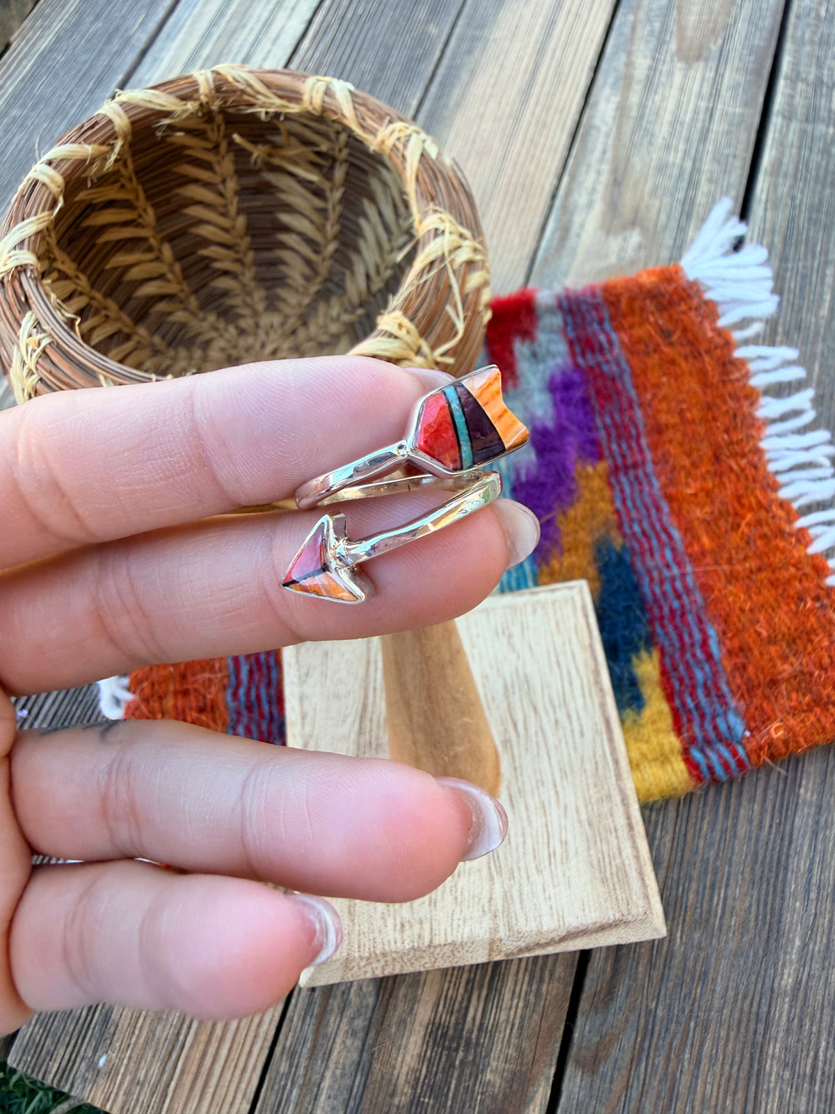 Handcrafted Sterling Silver, Spiny Oyster & Turquoise Inlay Adjustable Arrow Ring