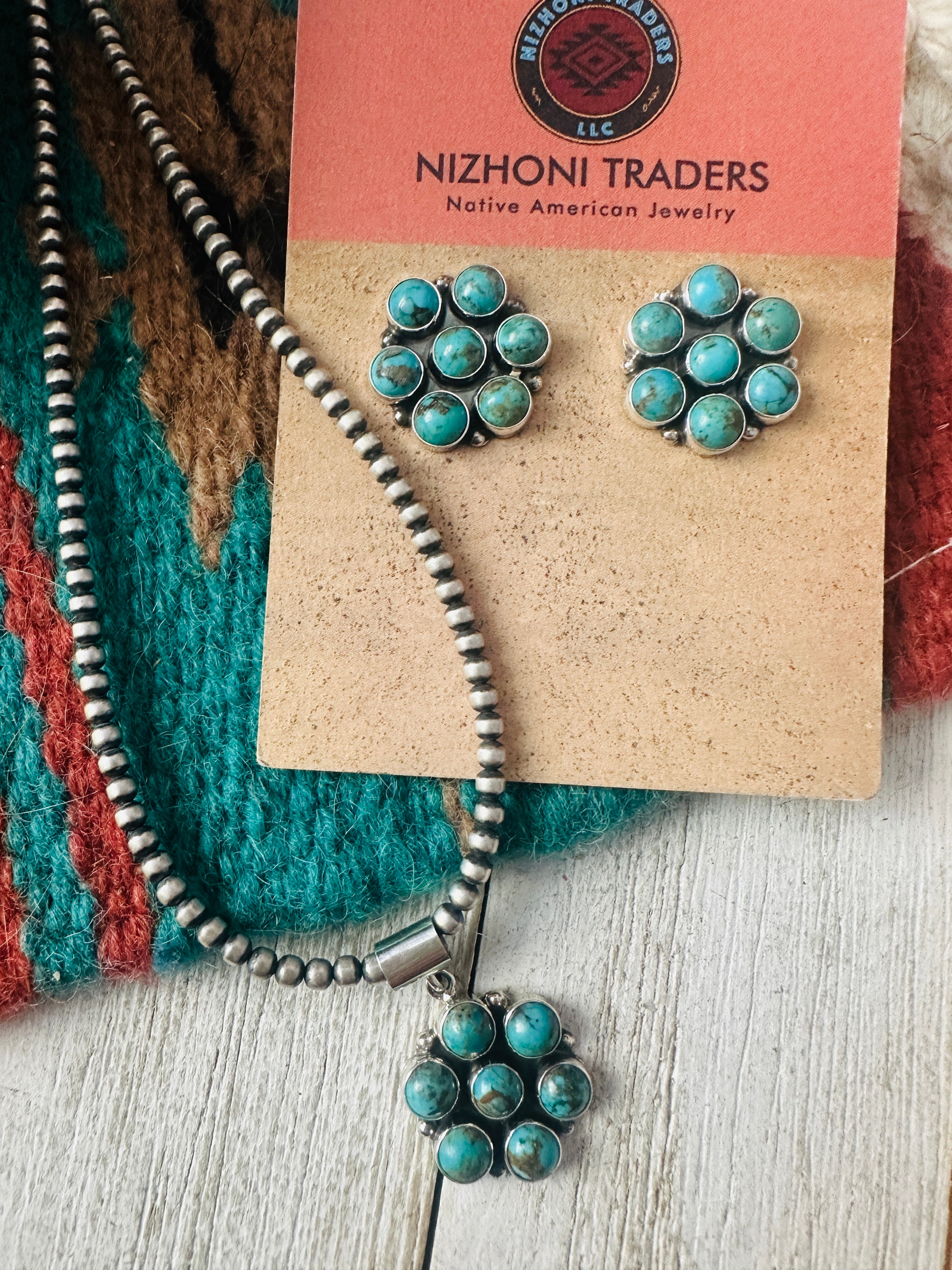 Navajo Sterling Silver & Turquoise Cluster Pendant and Earring Set