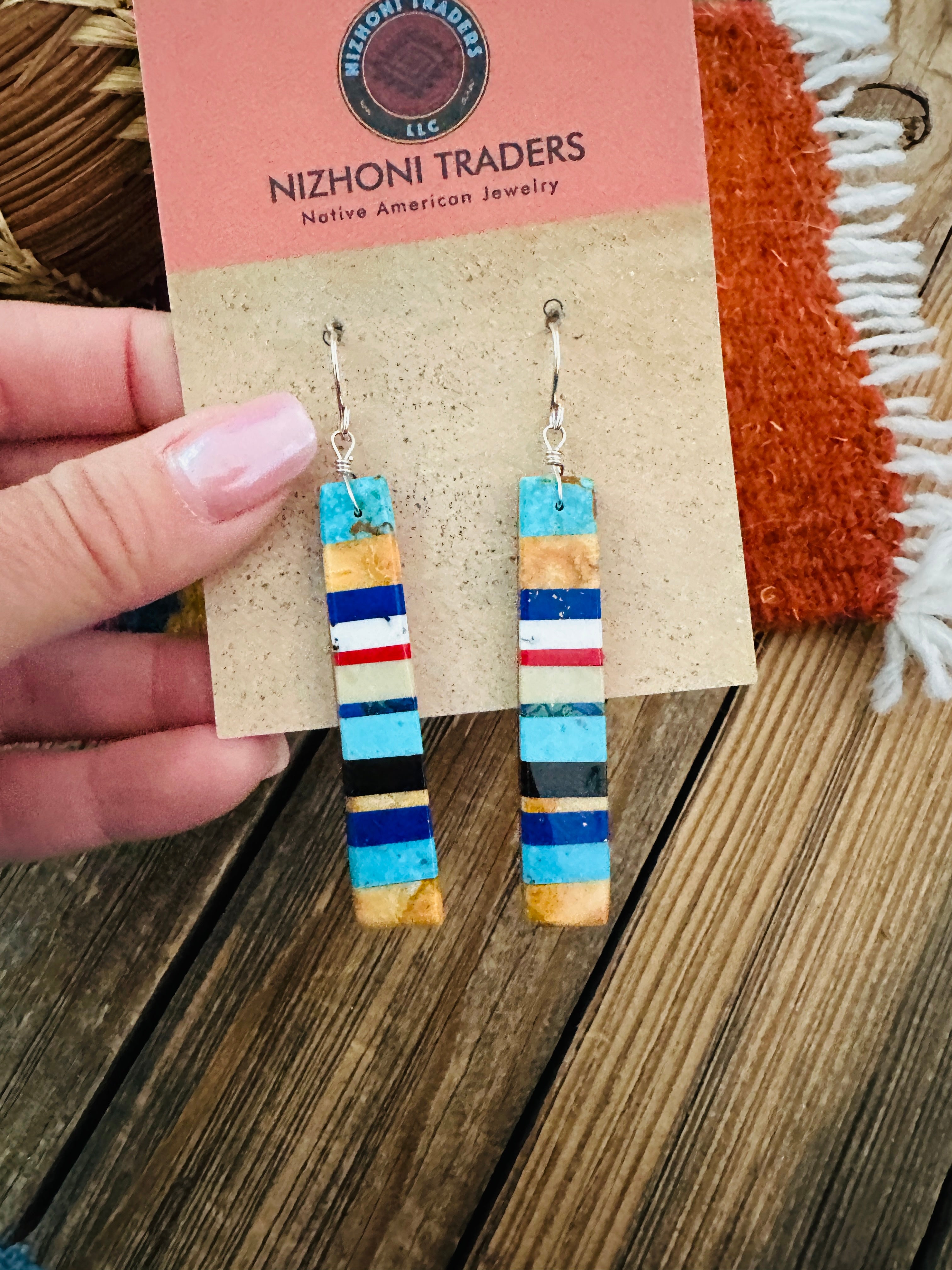 Handcrafted Multi Stone Inlay Slab Dangle Earrings