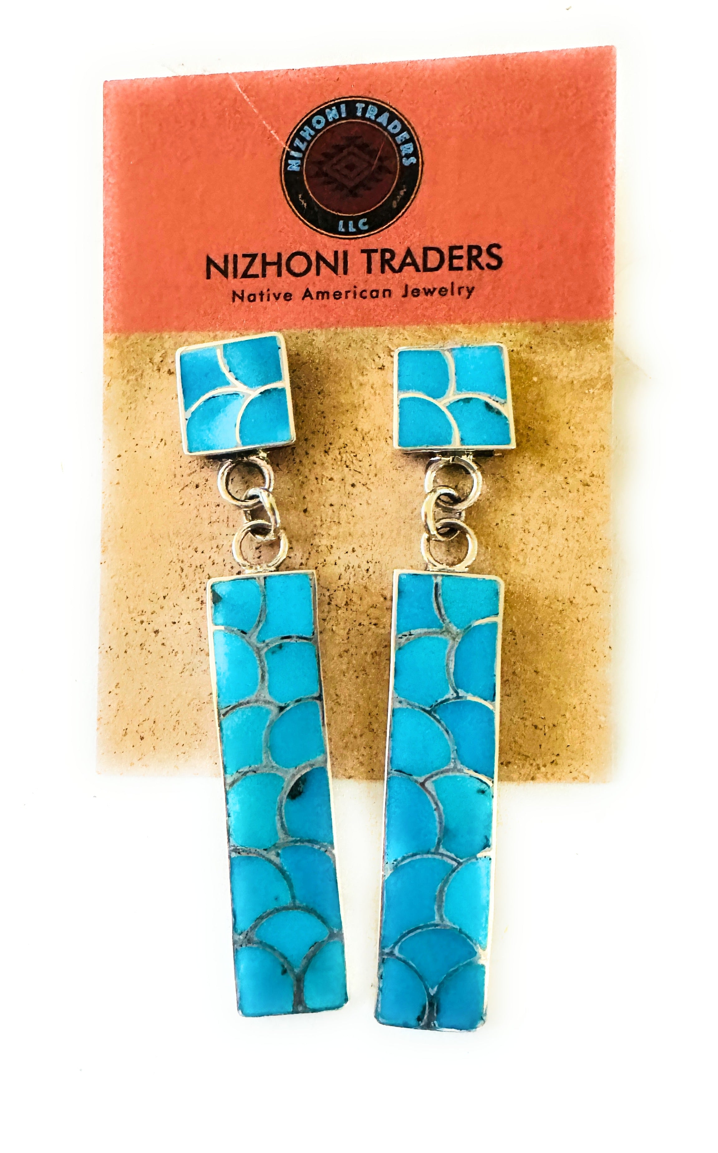 Zuni Sterling Silver & Turquoise Inlay Dangle Earrings