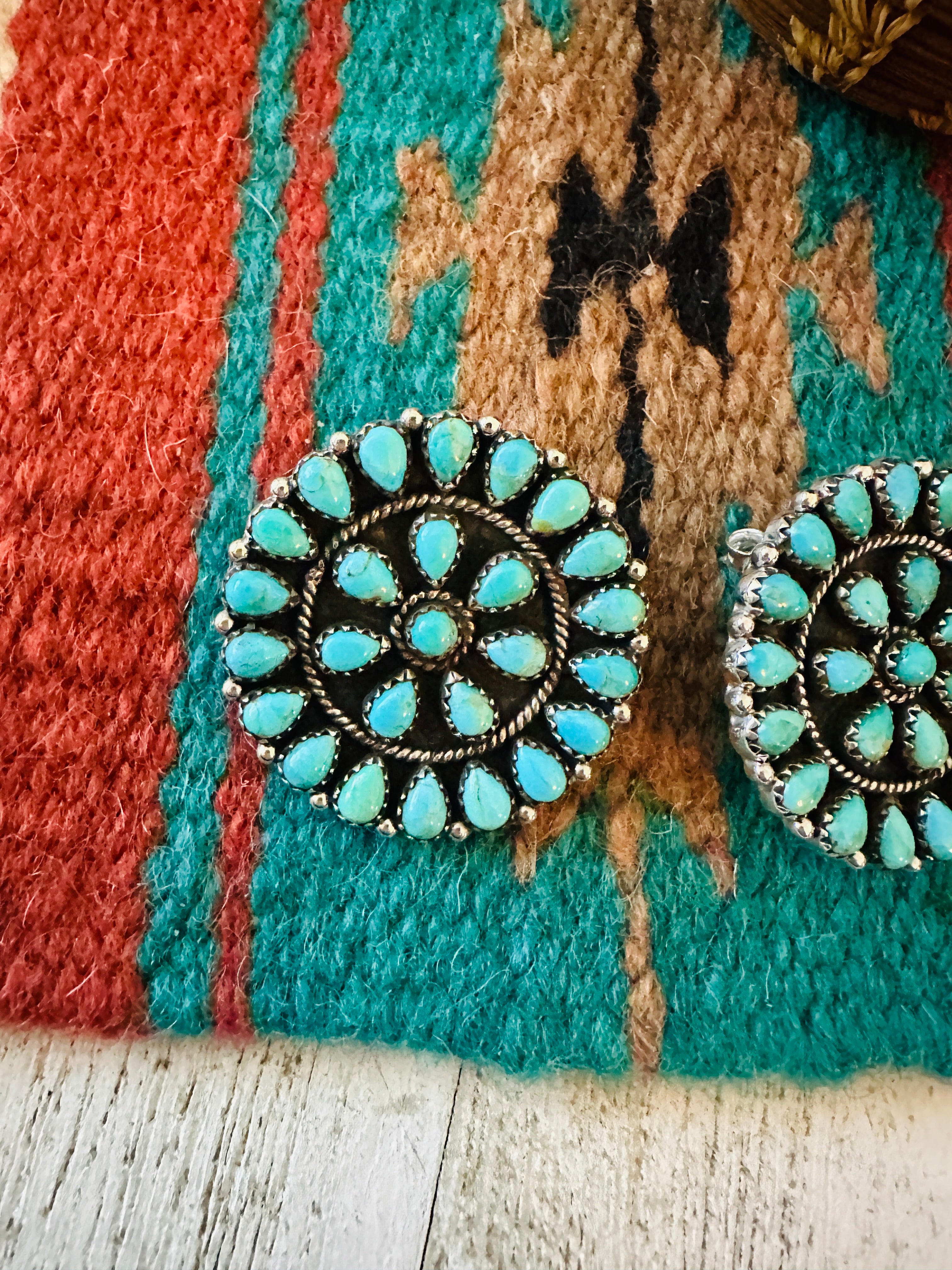 Handmade Turquoise & Sterling Silver Cluster Post Earrings Signed Nizhoni 1.5”