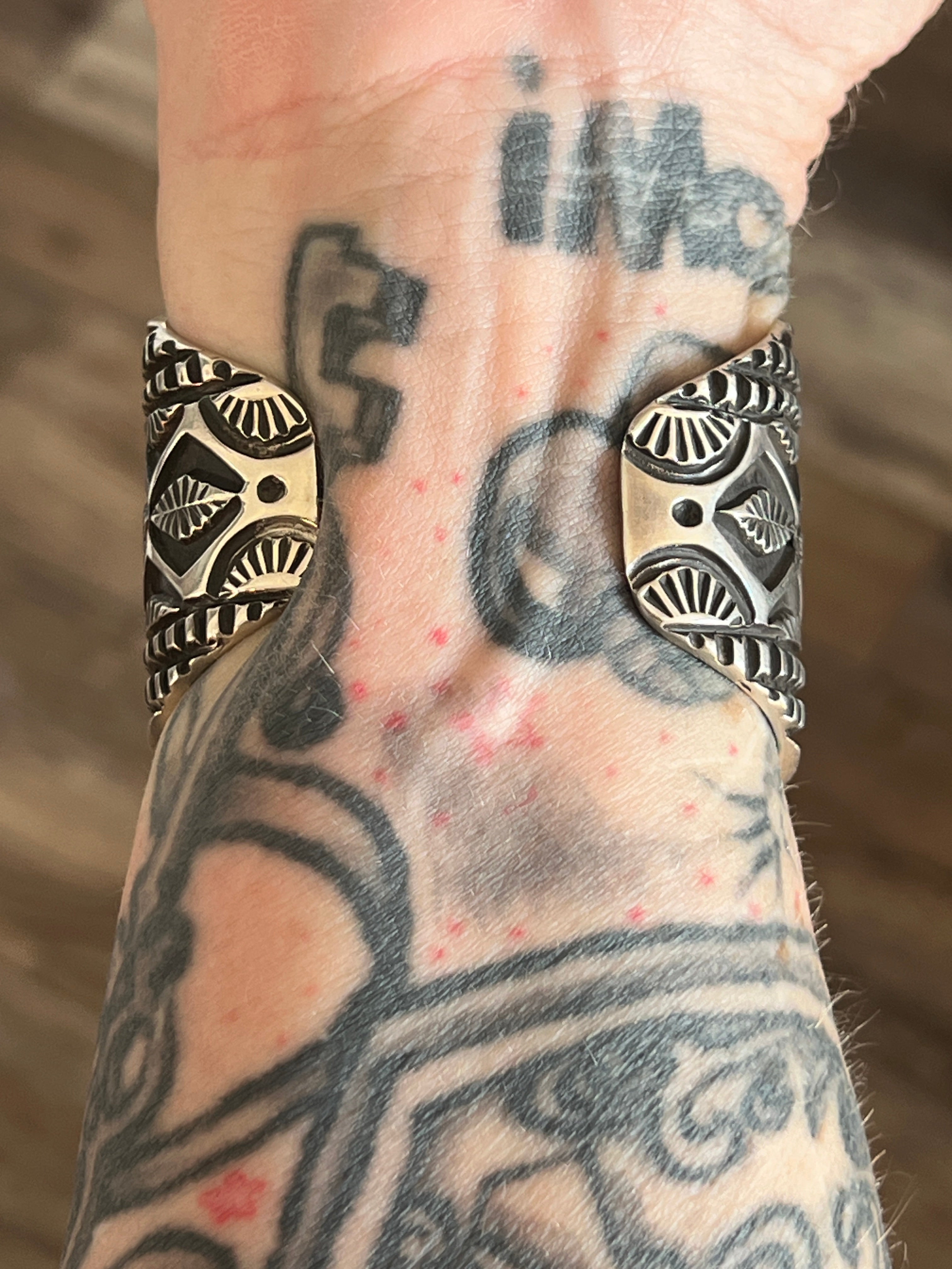 Handcrafted Old Pawn Sterling Silver Deep Stamped Cuff Bracelet by Elvira Bill